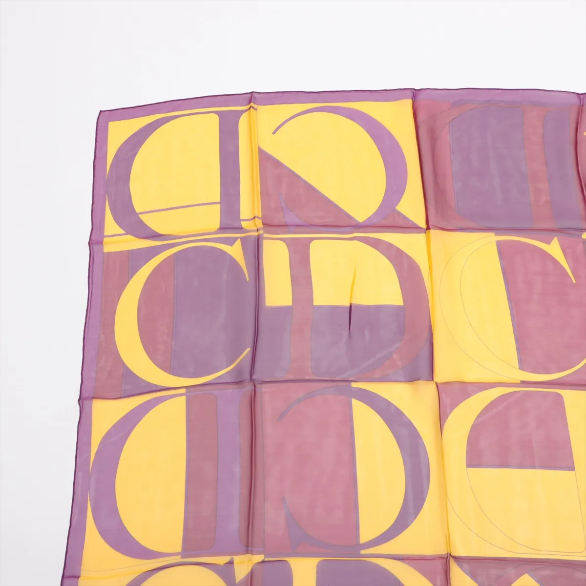 CD logo scarf, silk, purple x yellow, smelly, snagged, wrinkled. — view 2