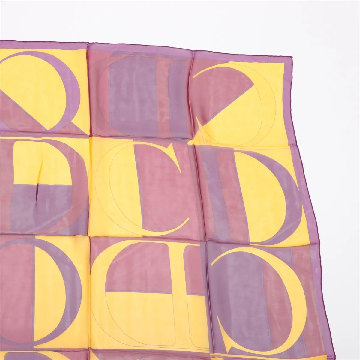 CD logo scarf, silk, purple x yellow, smelly, snagged, wrinkled. — view 3