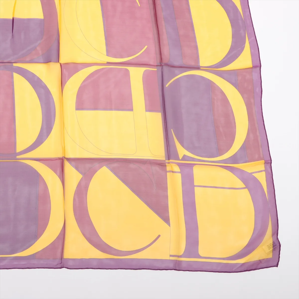 CD logo scarf, silk, purple x yellow, smelly, snagged, wrinkled. — view 4