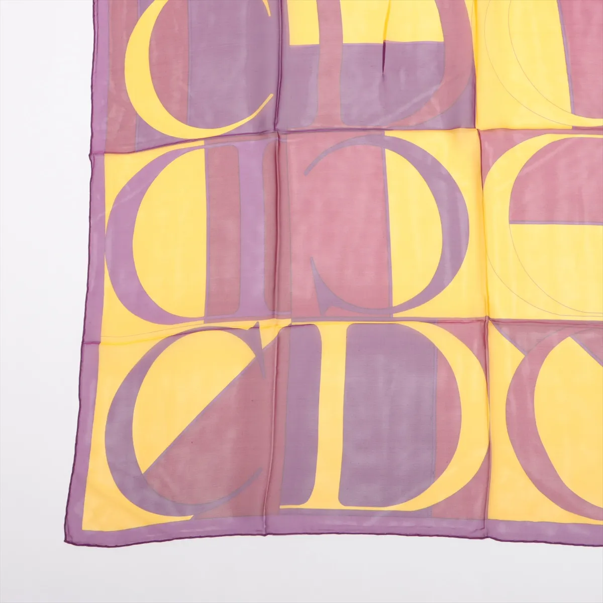 CD logo scarf, silk, purple x yellow, smelly, snagged, wrinkled. — view 5