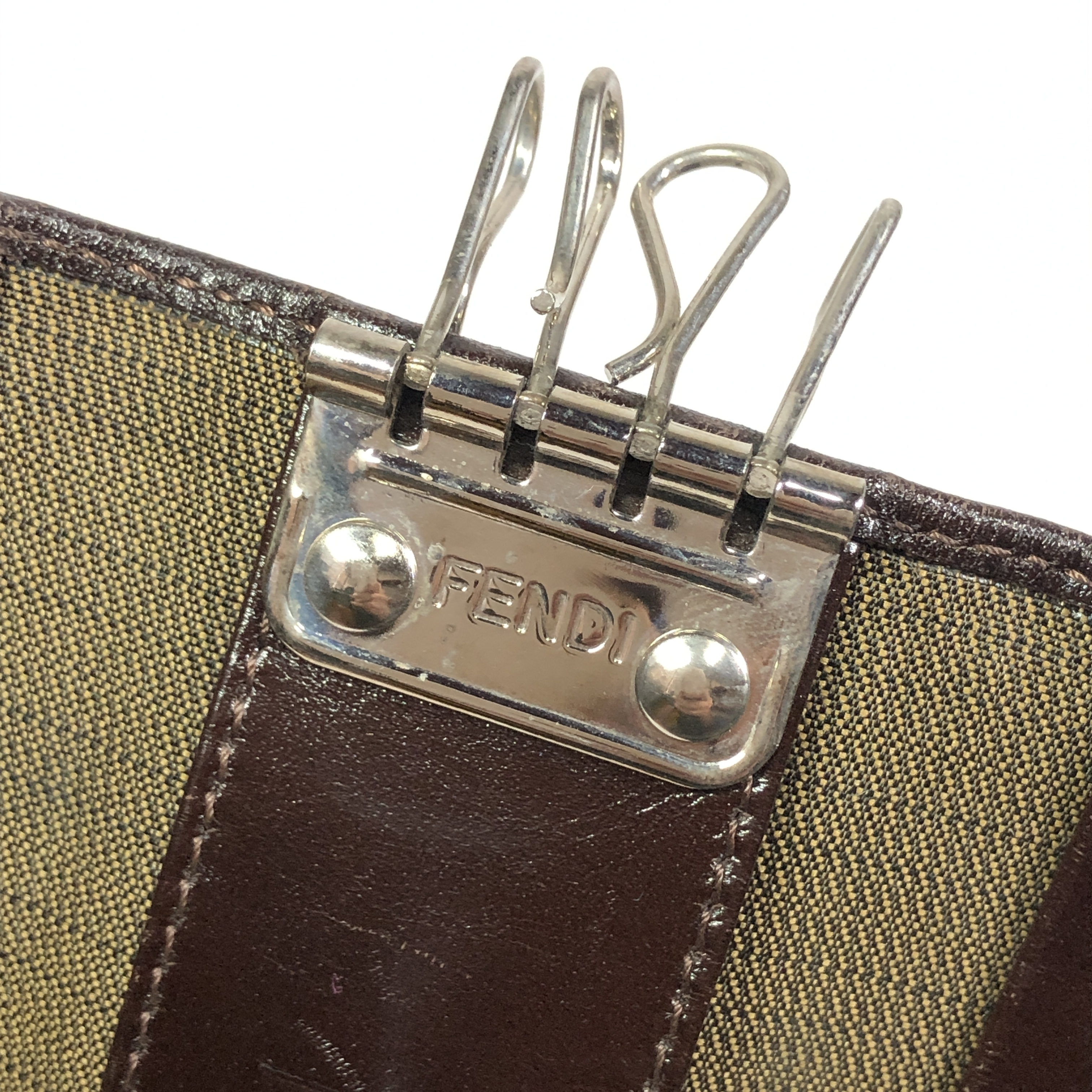 Zucca pattern key case with FF design, 4 hooks, leather and canvas, made in Italy. — view 12