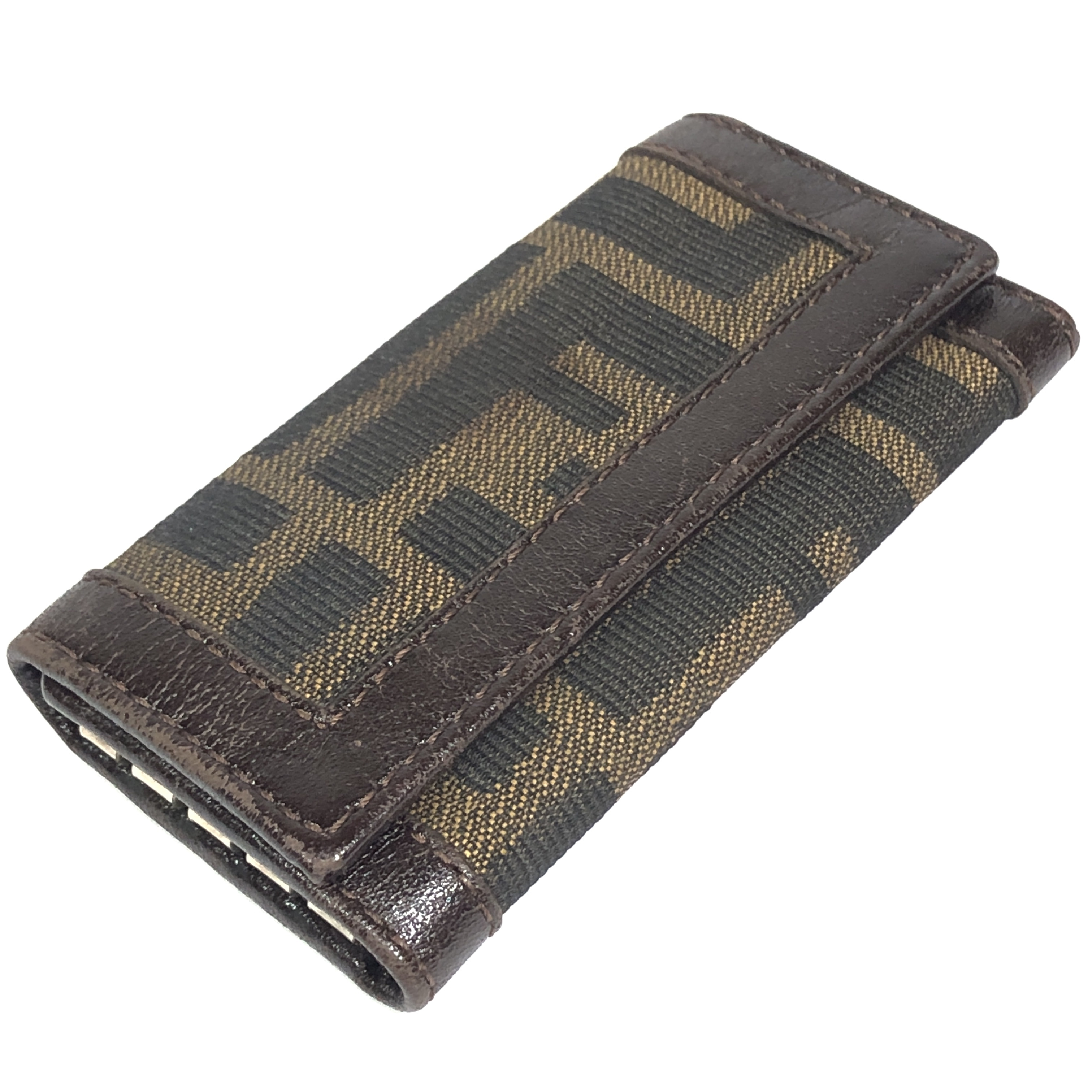 Zucca pattern key case with FF design, 4 hooks, leather and canvas, made in Italy. — view 4