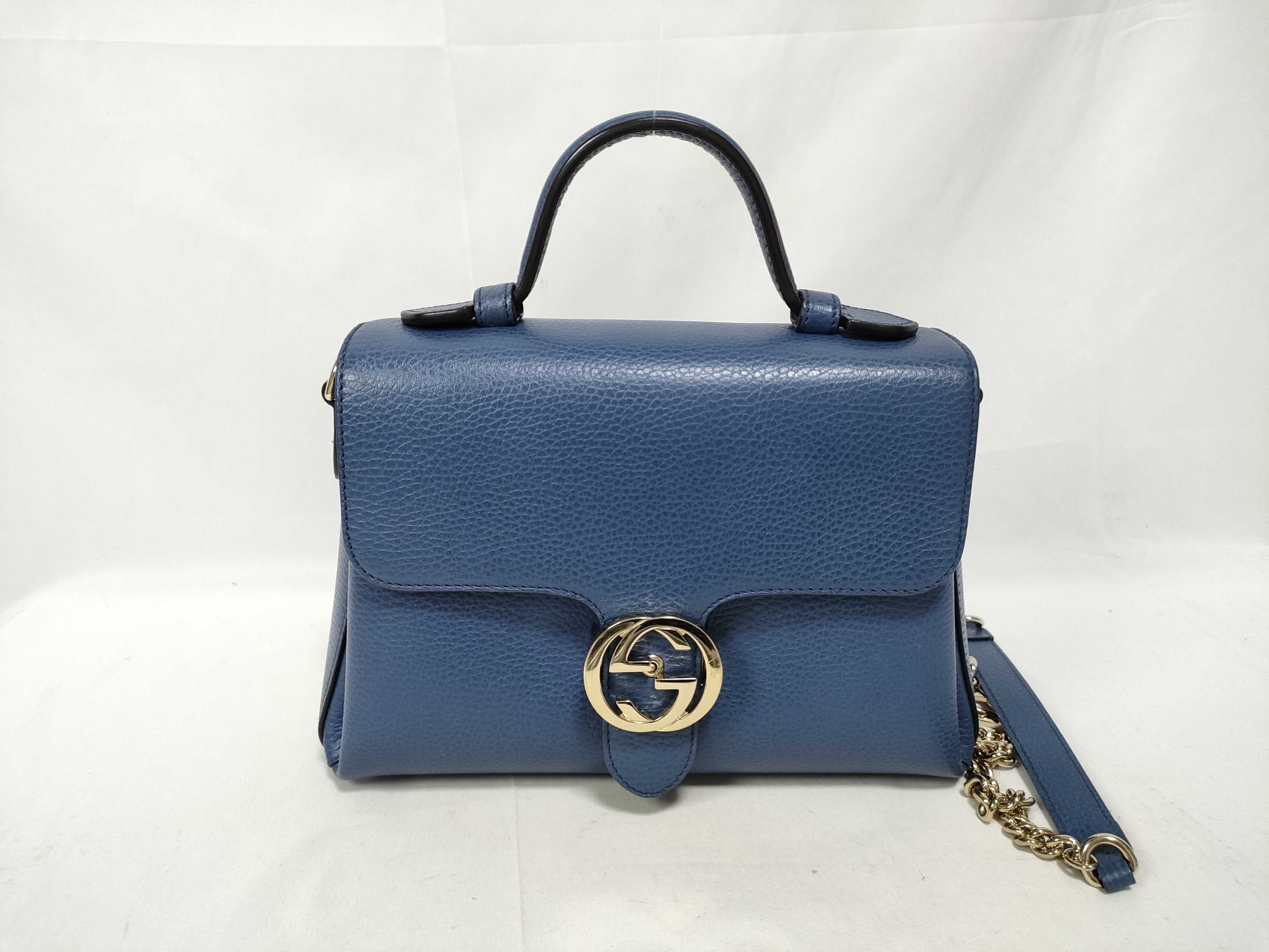 Interlocking G Leather 2-Way Handbag, Blue, 510302 (Outlet Handbag)