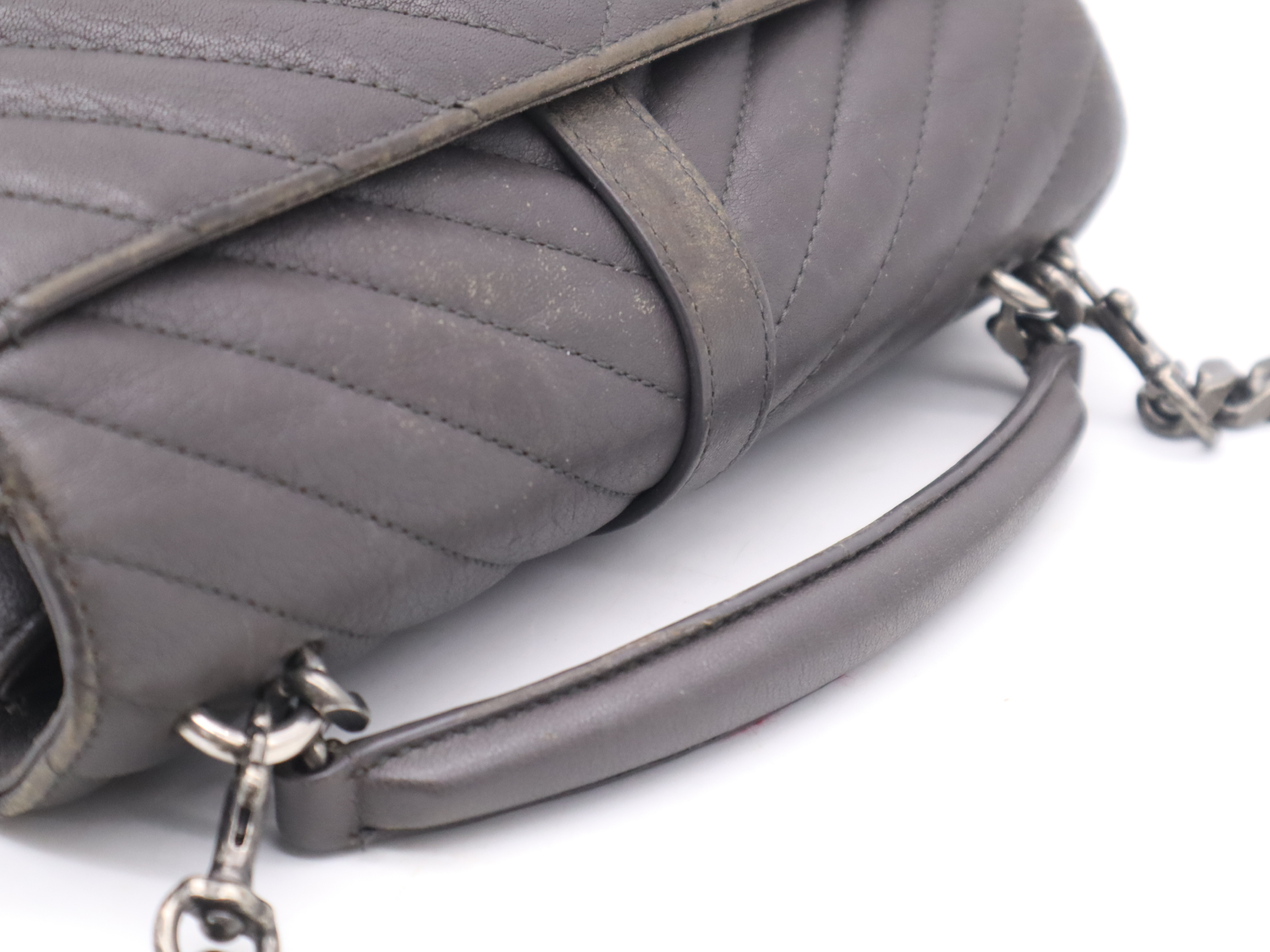 Leather College 2-Way Chain Shoulder Bag, Grey, Silver Hardware, with Strap and Dust Bag. — view 6