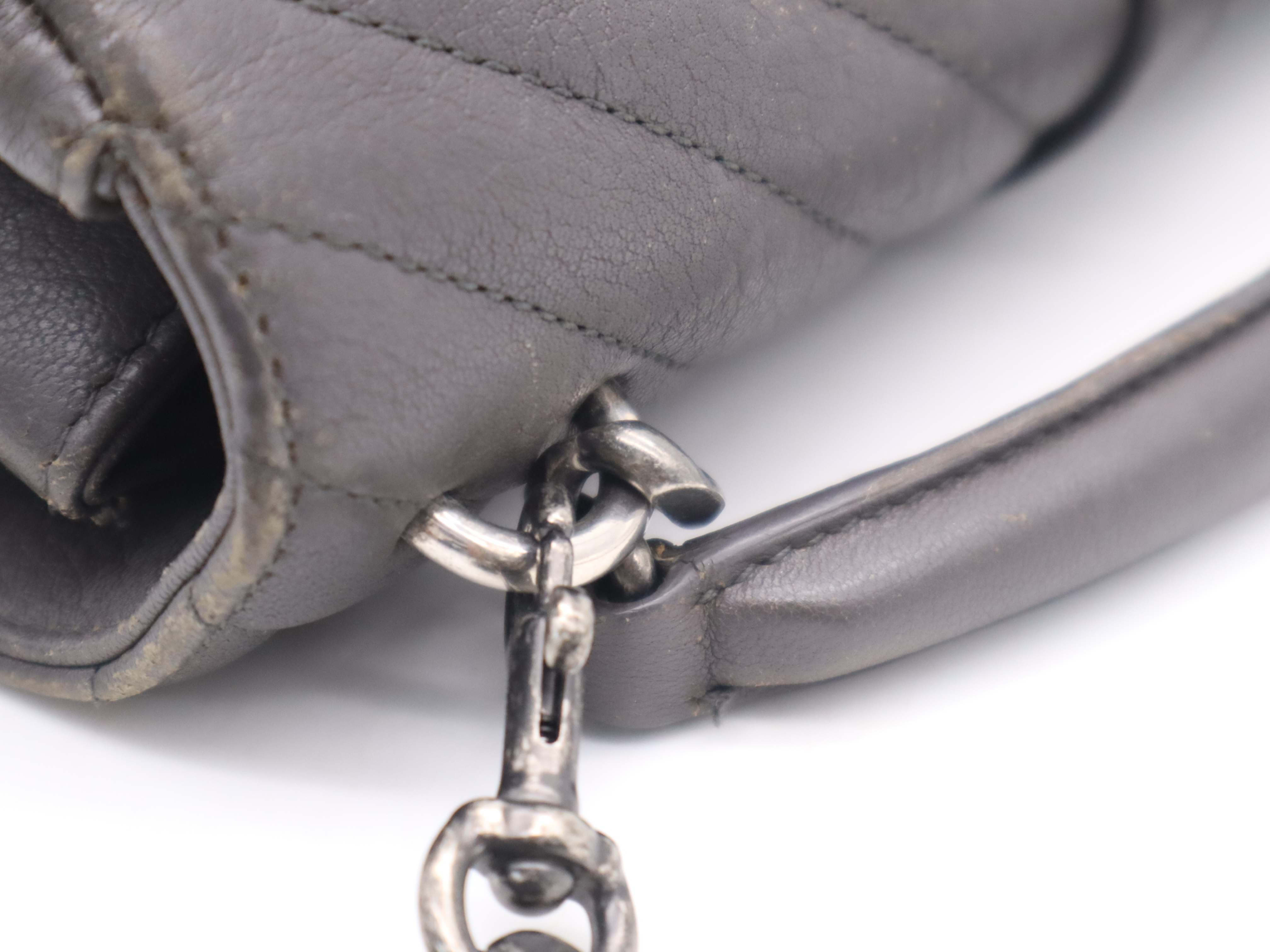 Leather College 2-Way Chain Shoulder Bag, Grey, Silver Hardware, with Strap and Dust Bag. — view 7