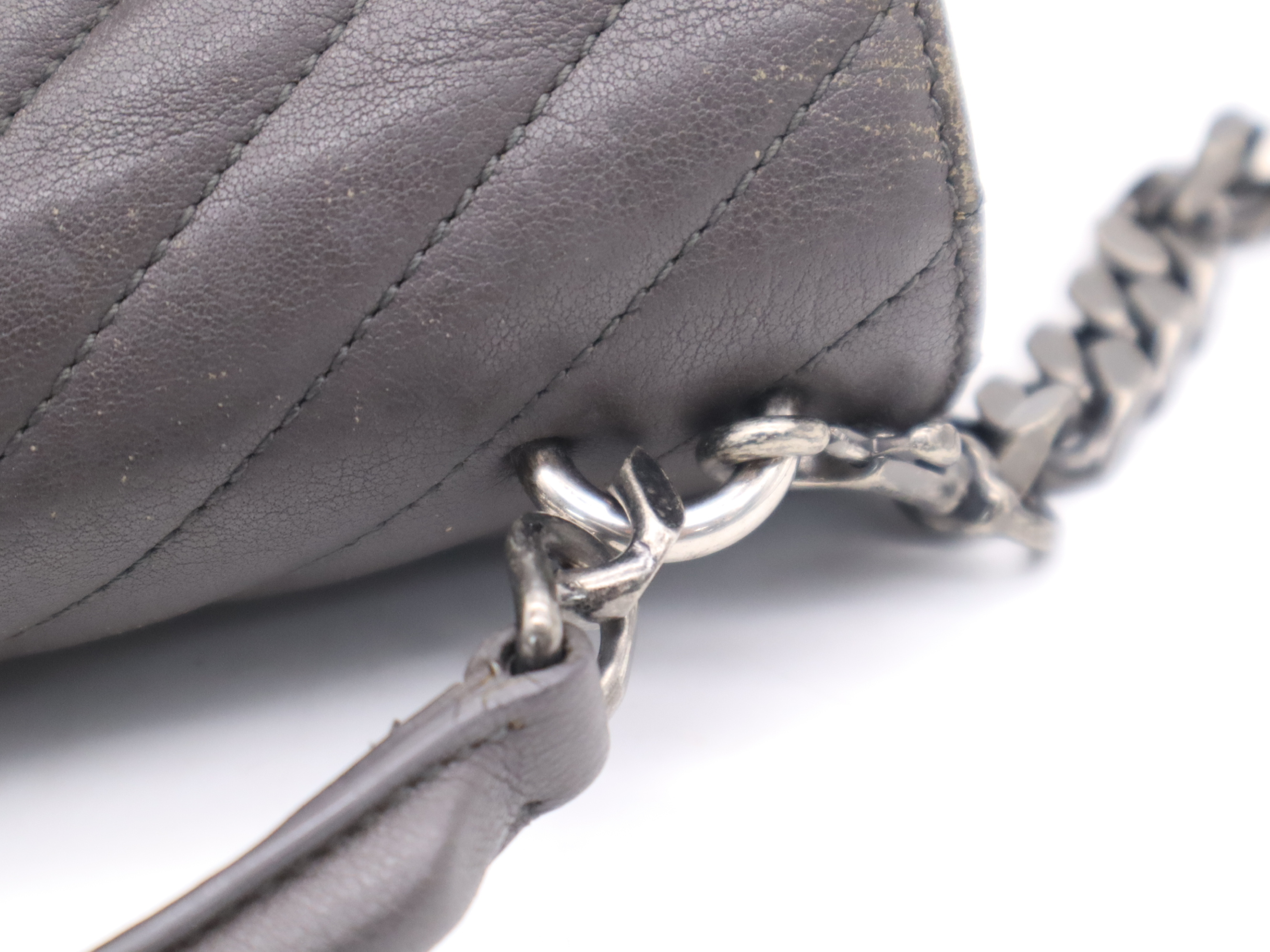 Leather College 2-Way Chain Shoulder Bag, Grey, Silver Hardware, with Strap and Dust Bag. — view 8