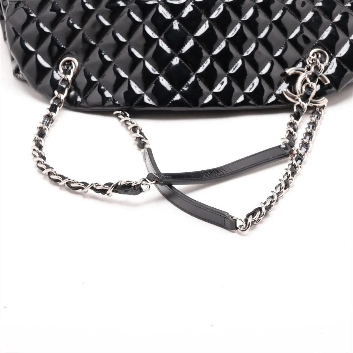 Mademoiselle Patent Leather Chain Tote Bag, Black, Silver Hardware, 15137766 (Serial Number 15) — view 5