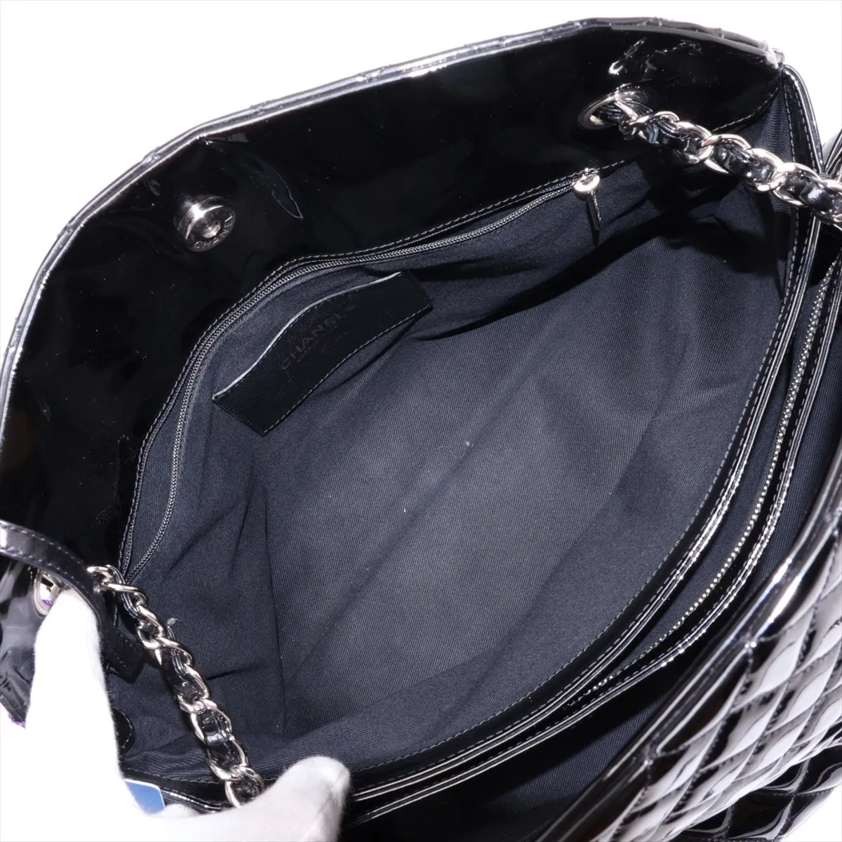 Mademoiselle Patent Leather Chain Tote Bag, Black, Silver Hardware, 15137766 (Serial Number 15) — view 7