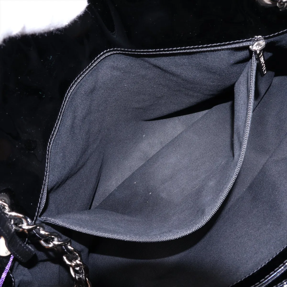 Mademoiselle Patent Leather Chain Tote Bag, Black, Silver Hardware, 15137766 (Serial Number 15) — view 8