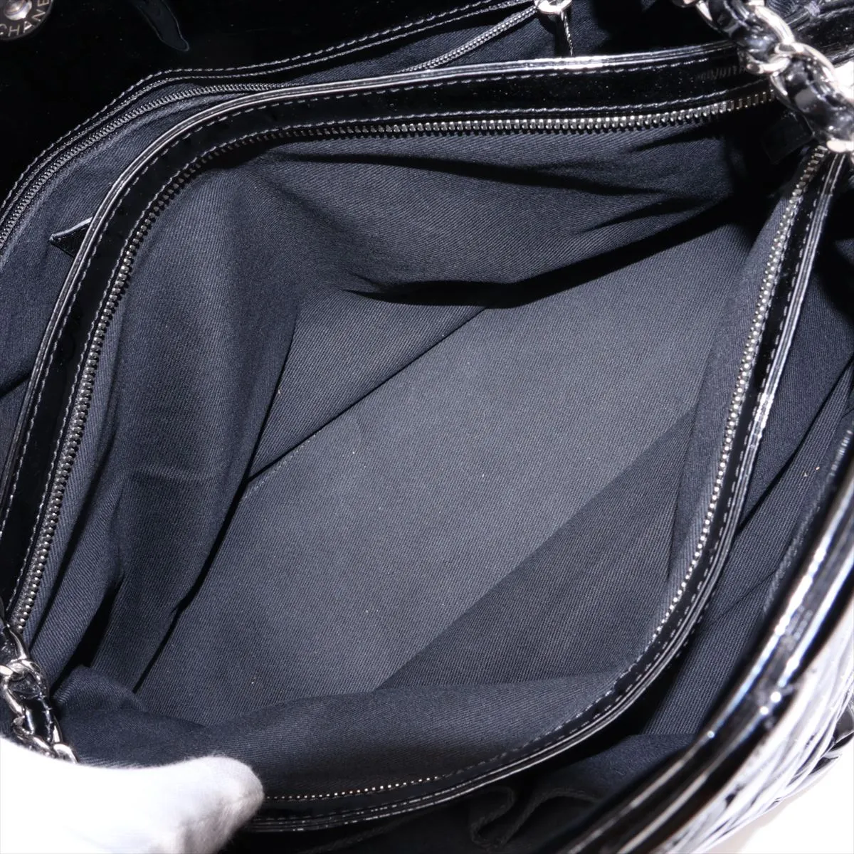 Mademoiselle Patent Leather Chain Tote Bag, Black, Silver Hardware, 15137766 (Serial Number 15) — view 9