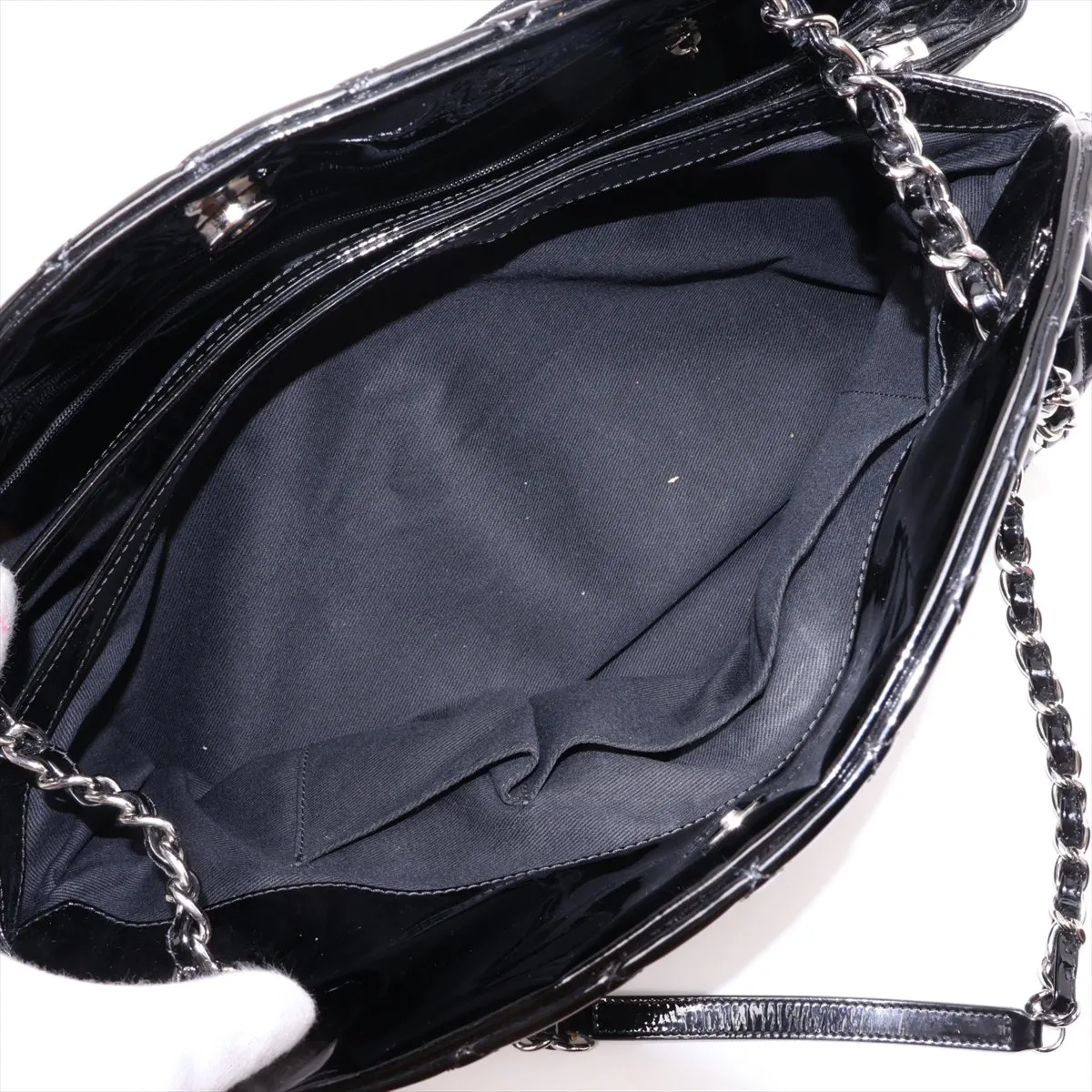 Mademoiselle Patent Leather Chain Tote Bag, Black, Silver Hardware, 15137766 (Serial Number 15) — view 10