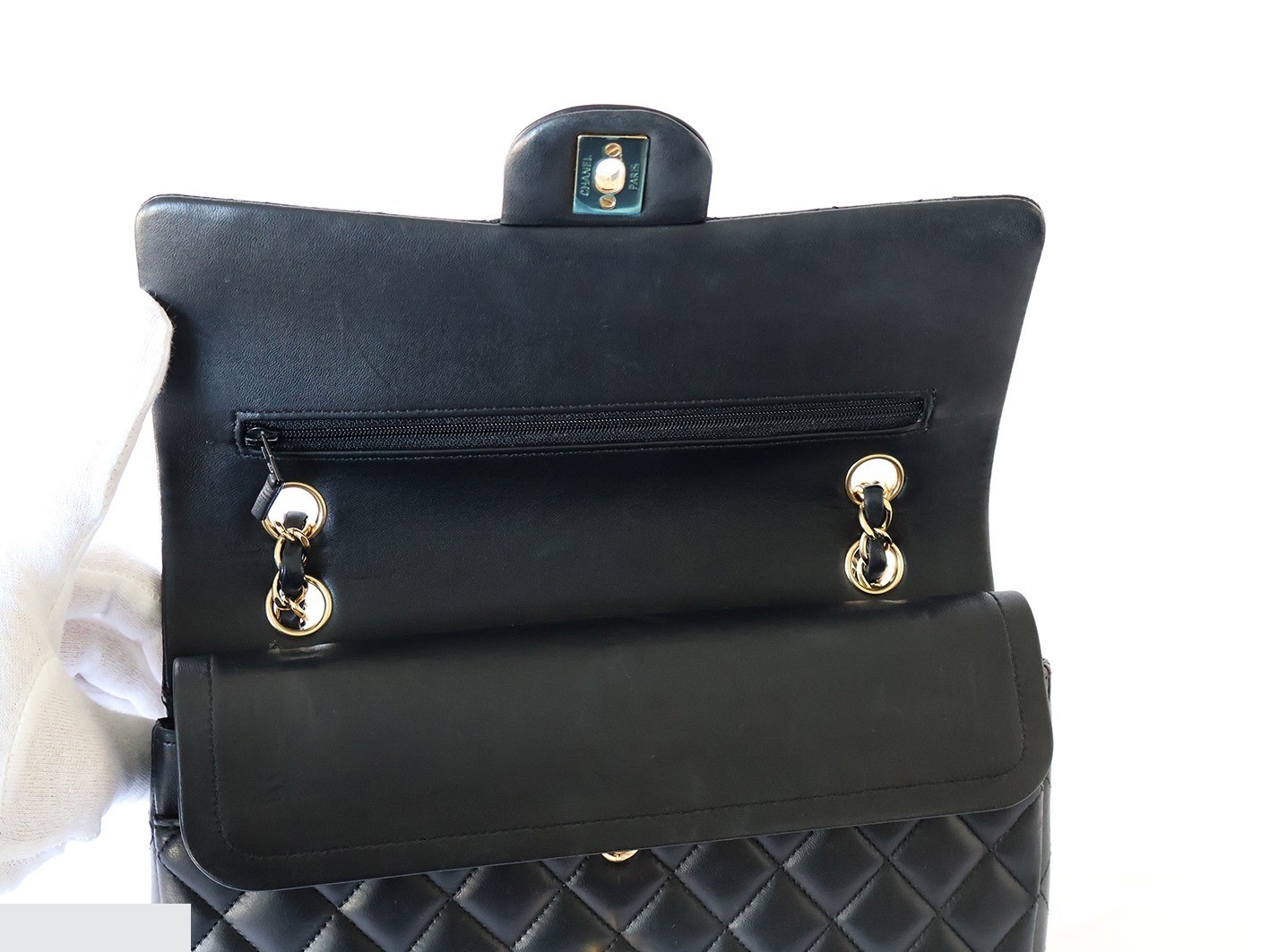 Matelassé 25 Lambskin Double Flap Double Chain Shoulder Bag, Black — view 10