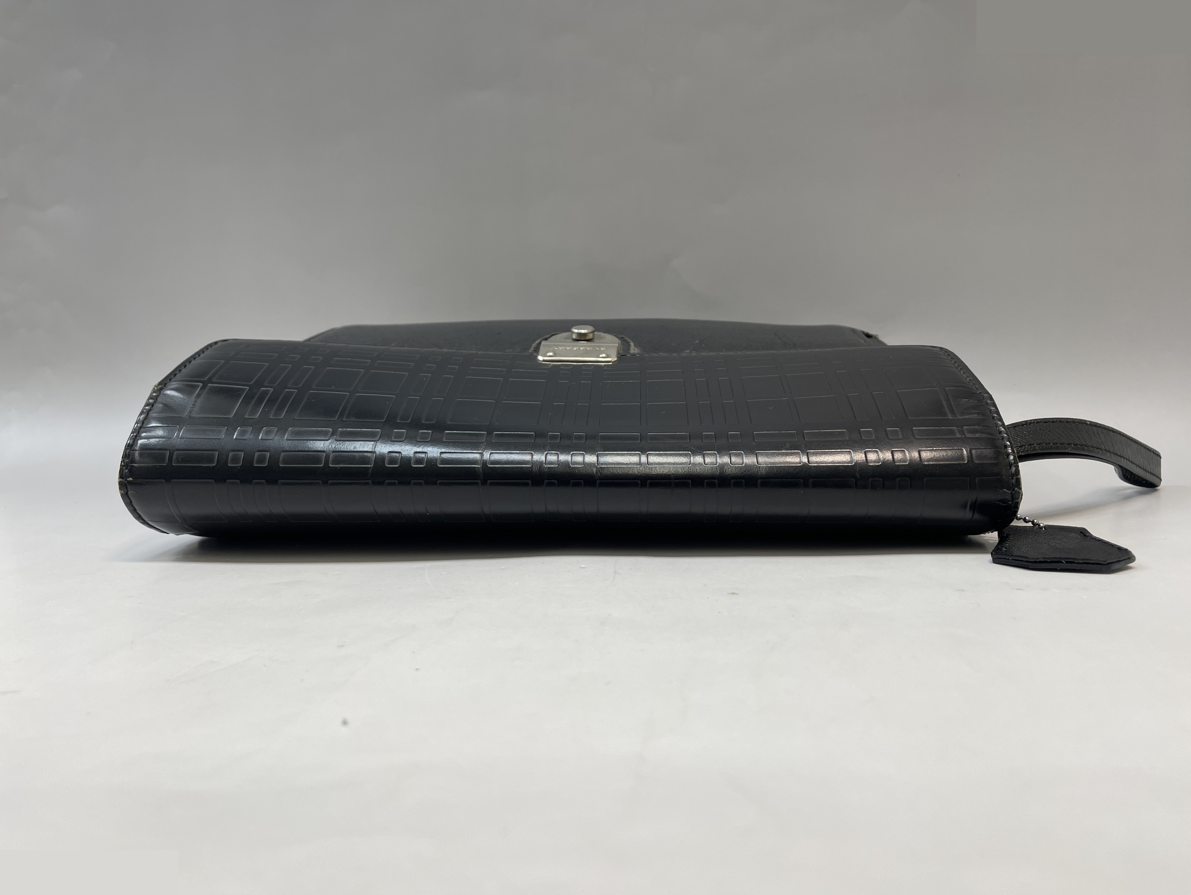 Genuine Leather Embossed Check Second Bag, Black — view 4