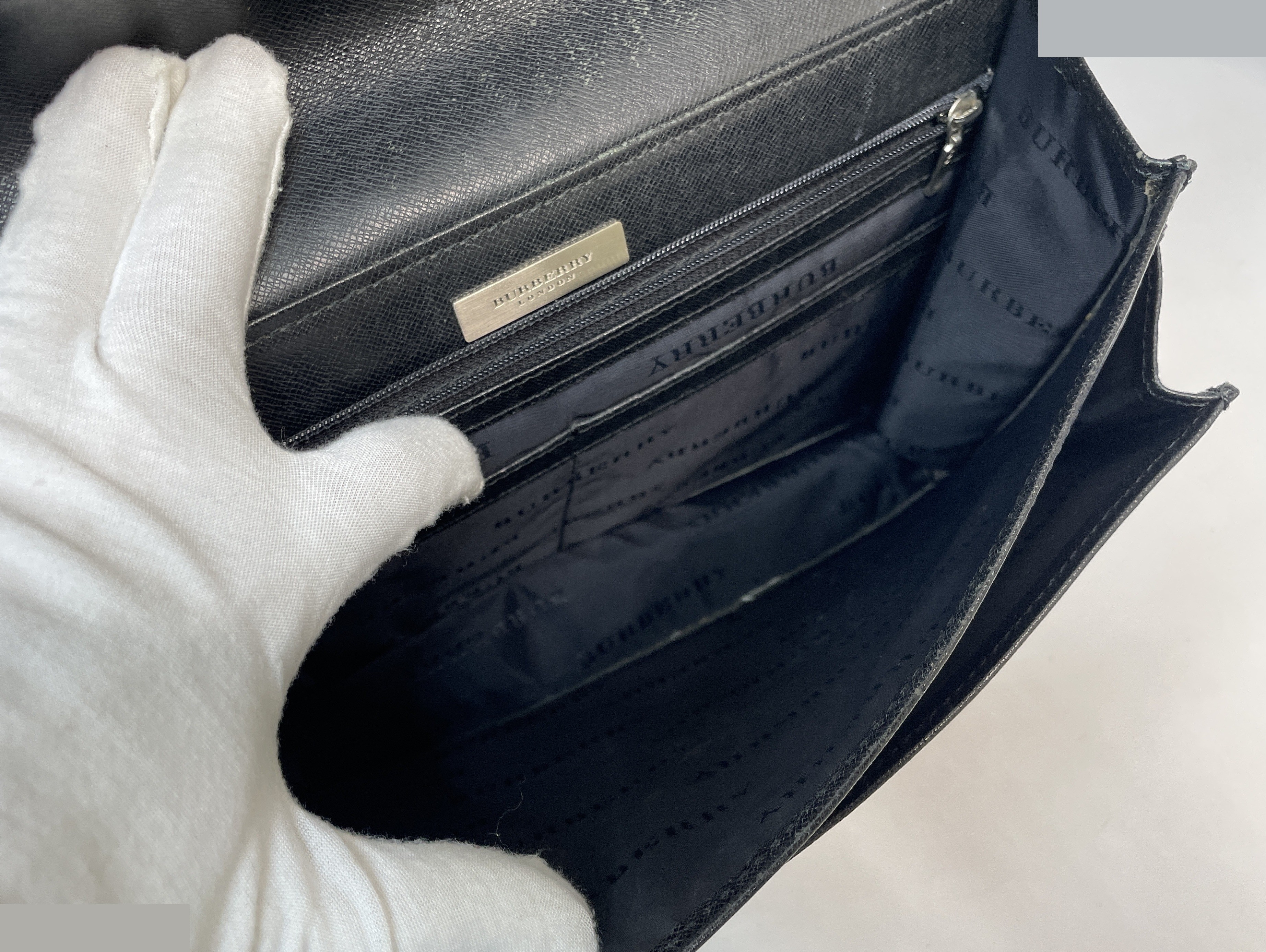 Genuine Leather Embossed Check Second Bag, Black — view 7