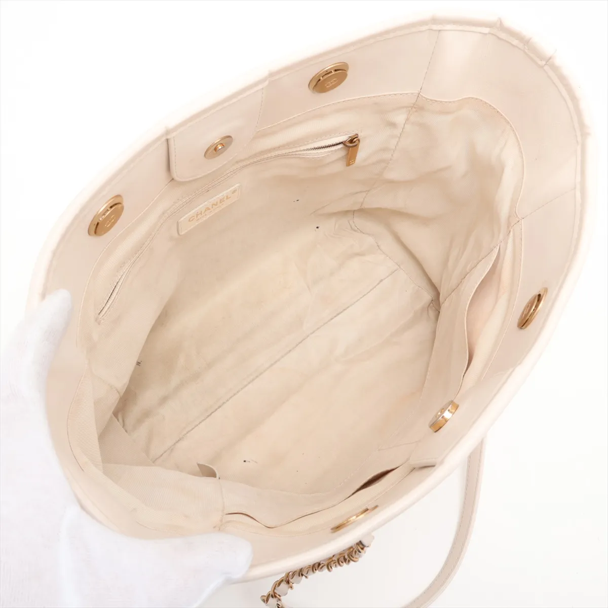 Deauville MM Leather 2-Way Tote Bag, White with Gold Hardware, 30554636 (Serial Number in the 30s) — view 7