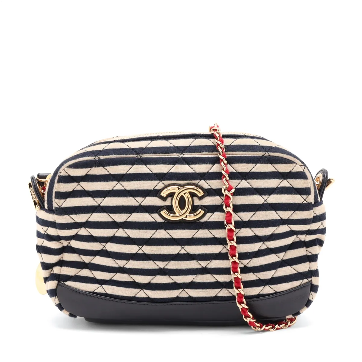 Matelassé Cotton x Leather Chain Shoulder Bag, Beige x Navy, Gold Hardware, Item Number 18987244 (Serial Number 18)