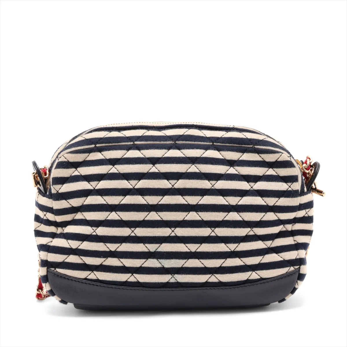Matelassé Cotton x Leather Chain Shoulder Bag, Beige x Navy, Gold Hardware, Item Number 18987244 (Serial Number 18) — view 2