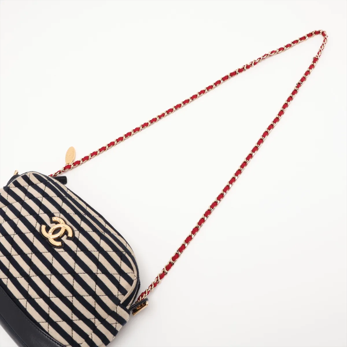 Matelassé Cotton x Leather Chain Shoulder Bag, Beige x Navy, Gold Hardware, Item Number 18987244 (Serial Number 18) — view 5