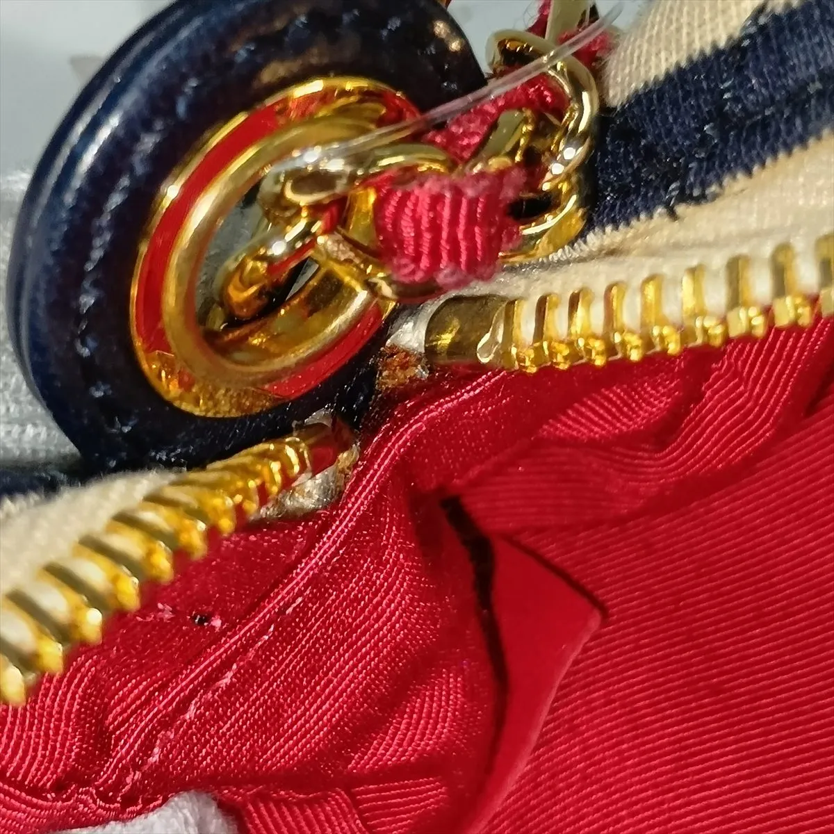 Matelassé Cotton x Leather Chain Shoulder Bag, Beige x Navy, Gold Hardware, Item Number 18987244 (Serial Number 18) — view 10