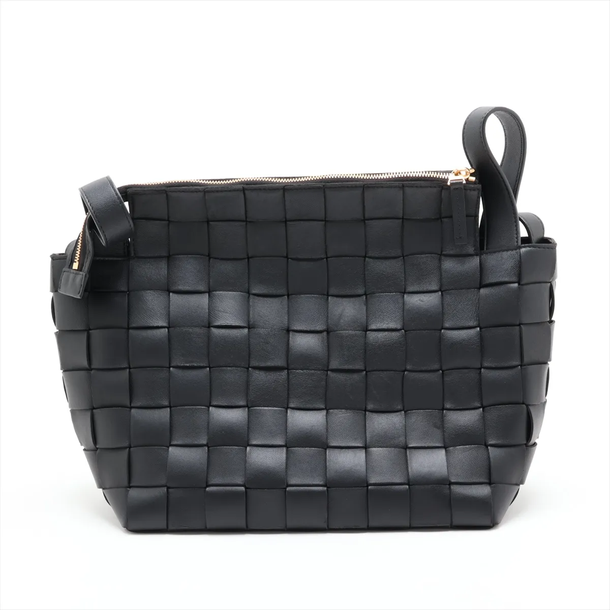 Intrecciato Leather Shoulder Bag, Black, Pouch, Mold — view 2