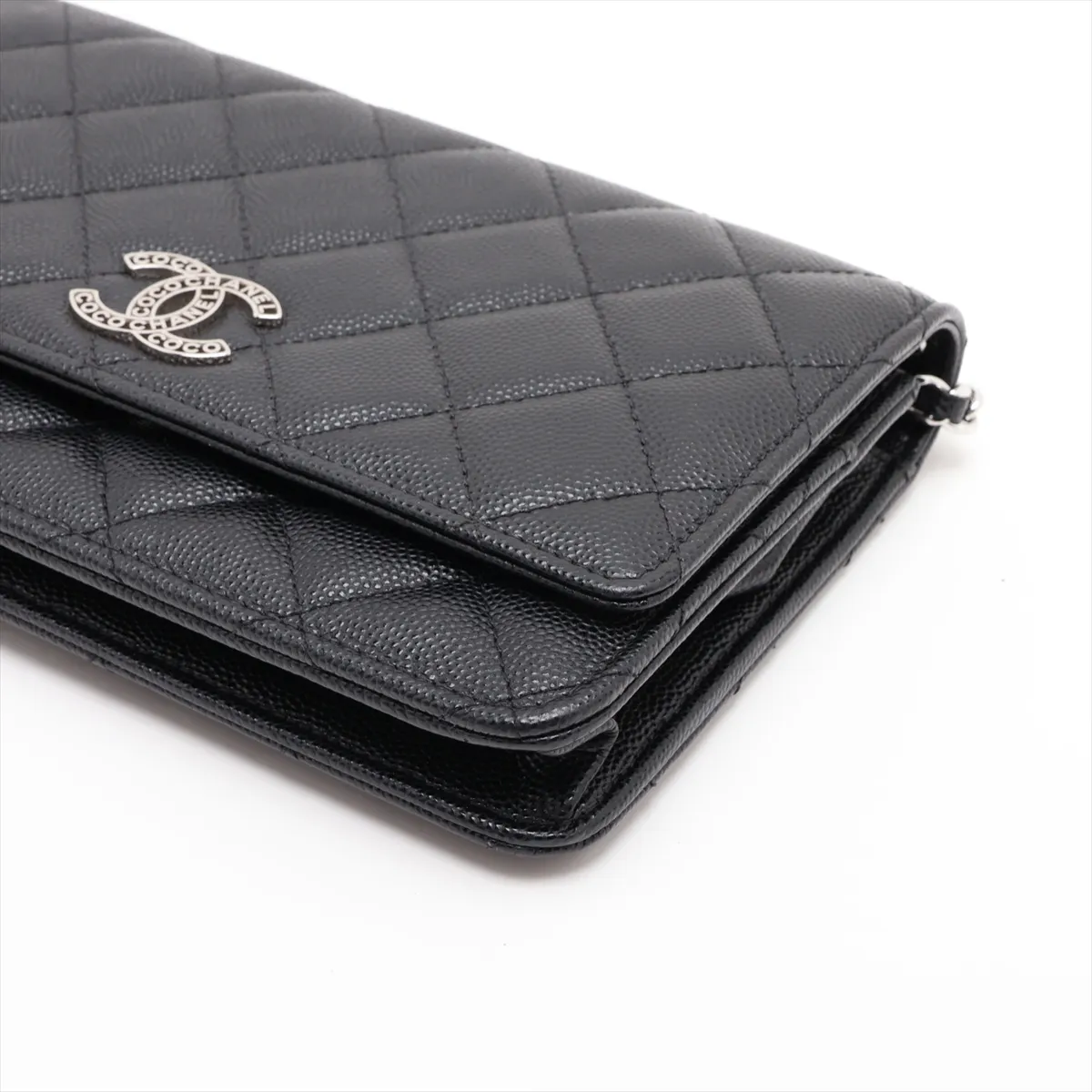 Matelassé Caviar Skin Chain Wallet, Black, Silver Hardware, G2H1H9P5, Random Plate — view 3