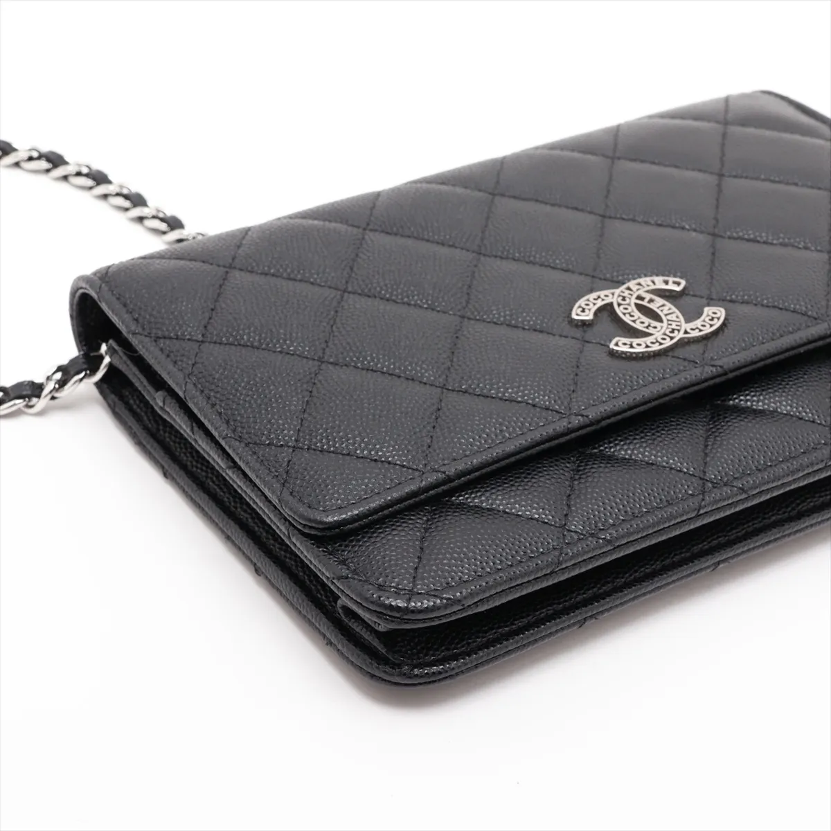 Matelassé Caviar Skin Chain Wallet, Black, Silver Hardware, G2H1H9P5, Random Plate — view 4