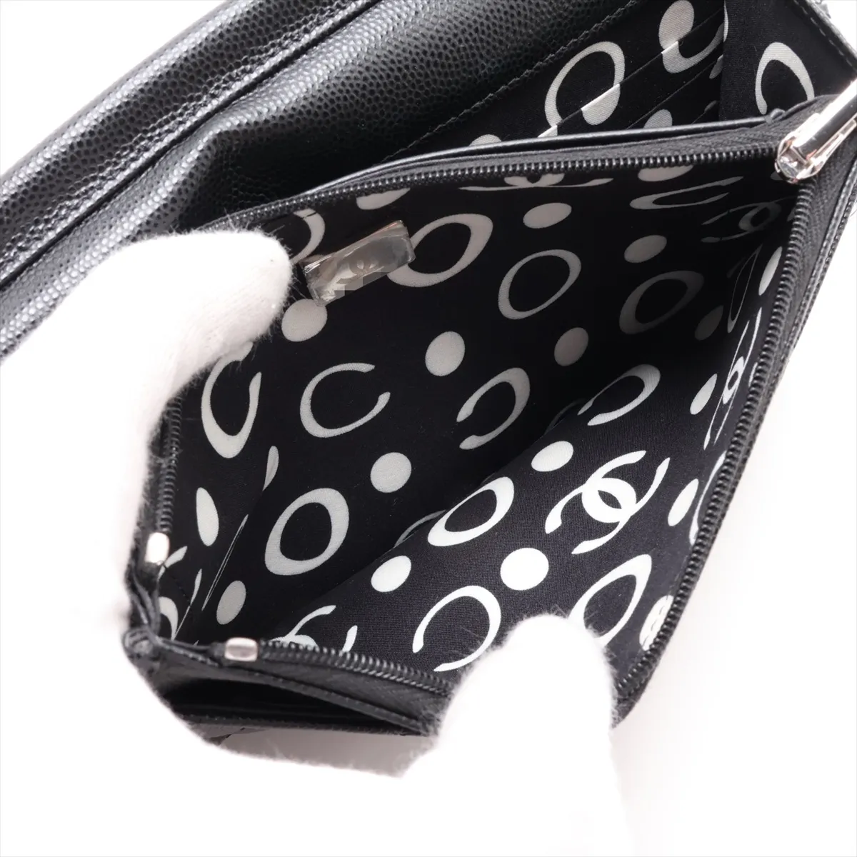 Matelassé Caviar Skin Chain Wallet, Black, Silver Hardware, G2H1H9P5, Random Plate — view 7