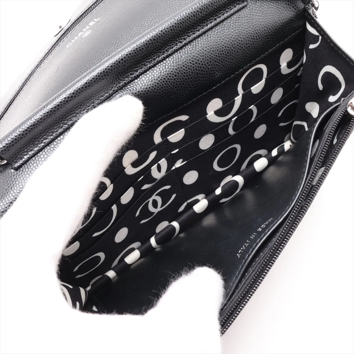 Matelassé Caviar Skin Chain Wallet, Black, Silver Hardware, G2H1H9P5, Random Plate — view 8