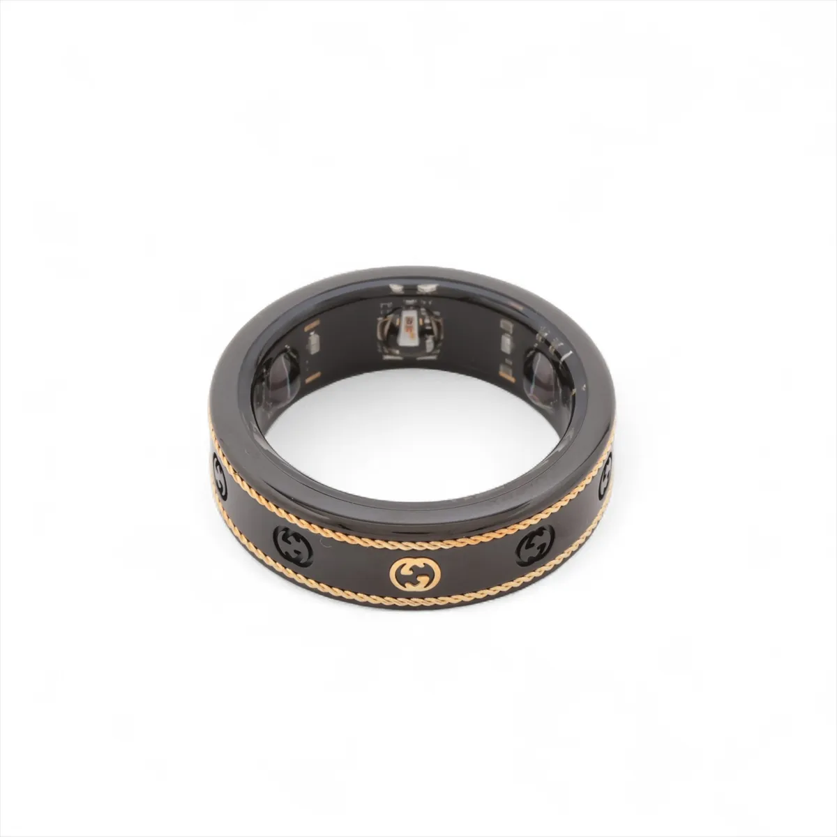x Aura Interlocking G Ring, Size 11, Titanium, Black x Gold. Shows