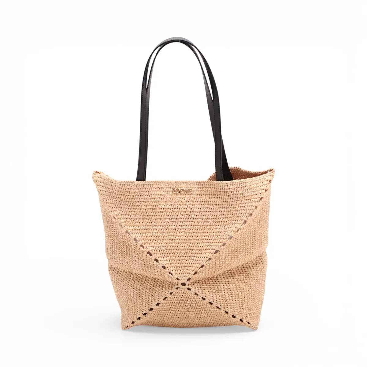 Puzzlefold Medium Raffia x Leather Tote Bag, Beige