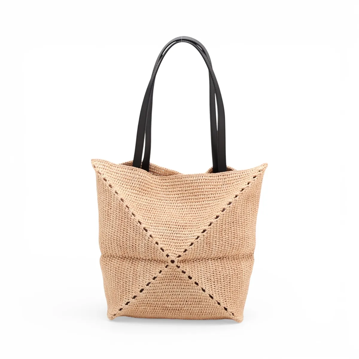 Puzzlefold Medium Raffia x Leather Tote Bag, Beige — view 2
