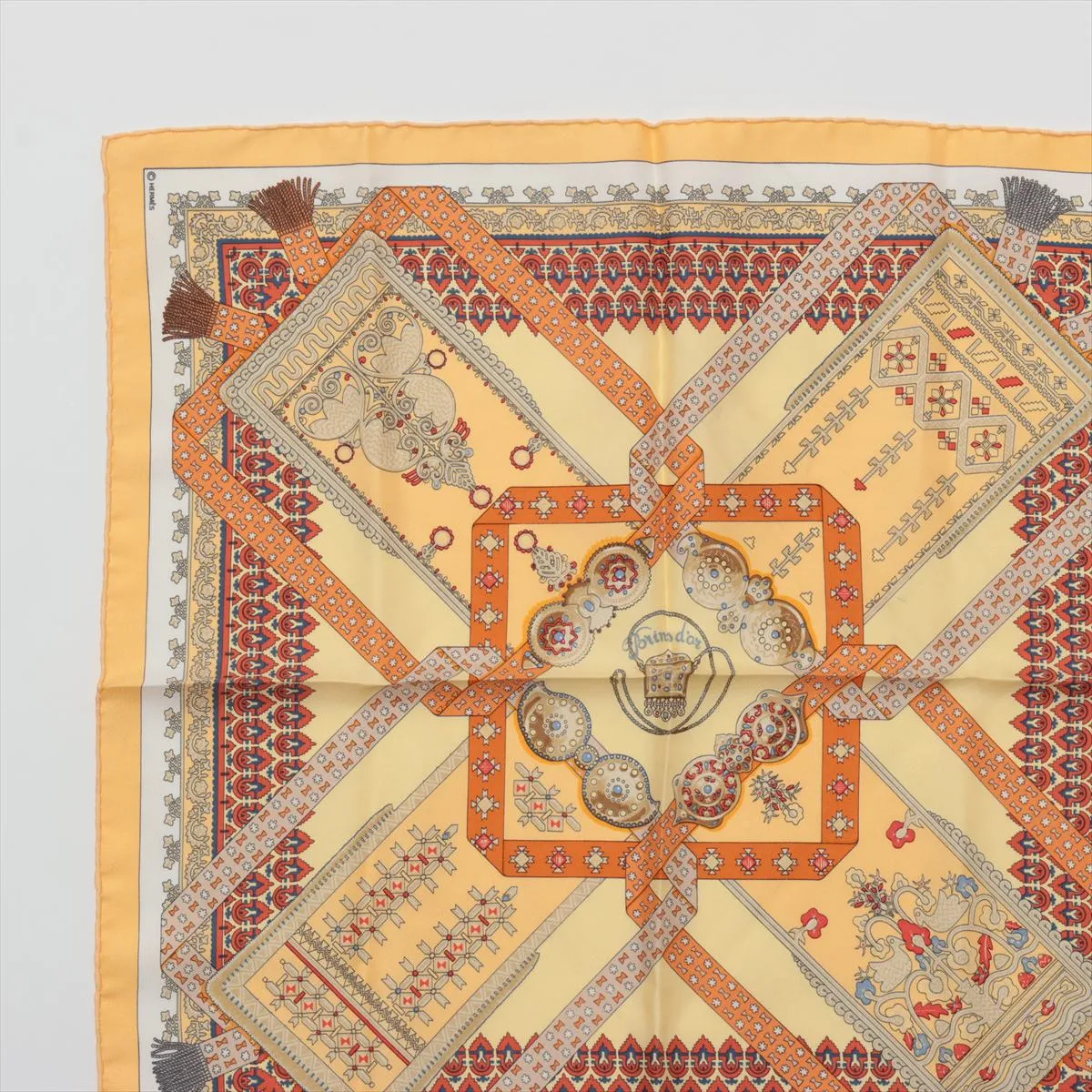 Carre 45 Brins d’or (Golden Twigs) scarf, silk, yellow. Shows wear, — view 2