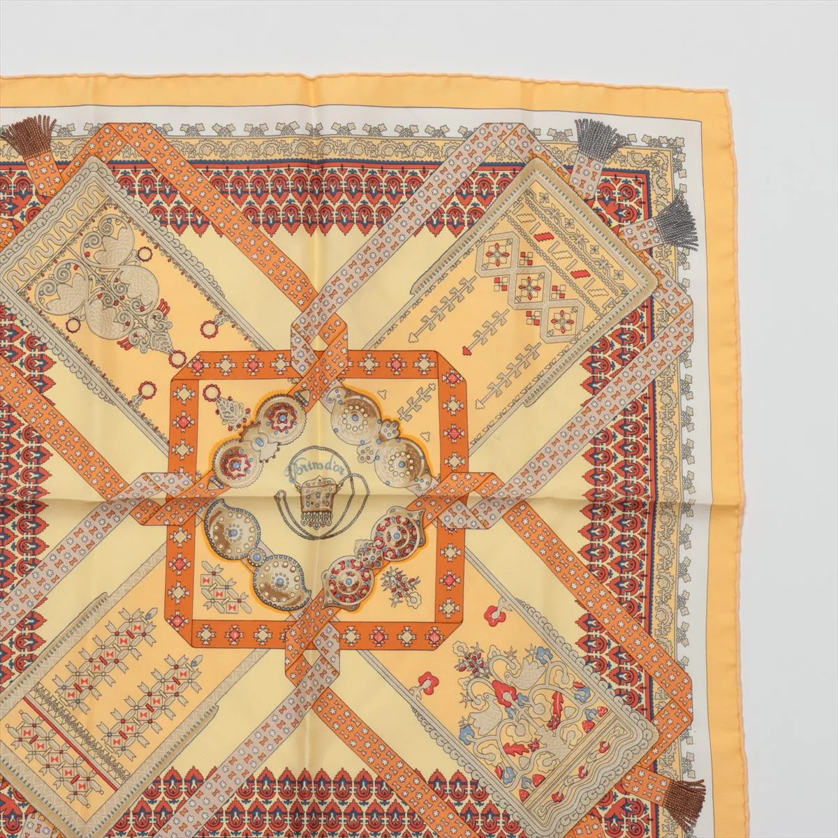 Carre 45 Brins d’or (Golden Twigs) scarf, silk, yellow. Shows wear, — view 3