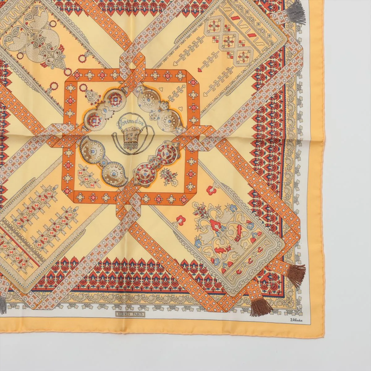 Carre 45 Brins d’or (Golden Twigs) scarf, silk, yellow. Shows wear, — view 4