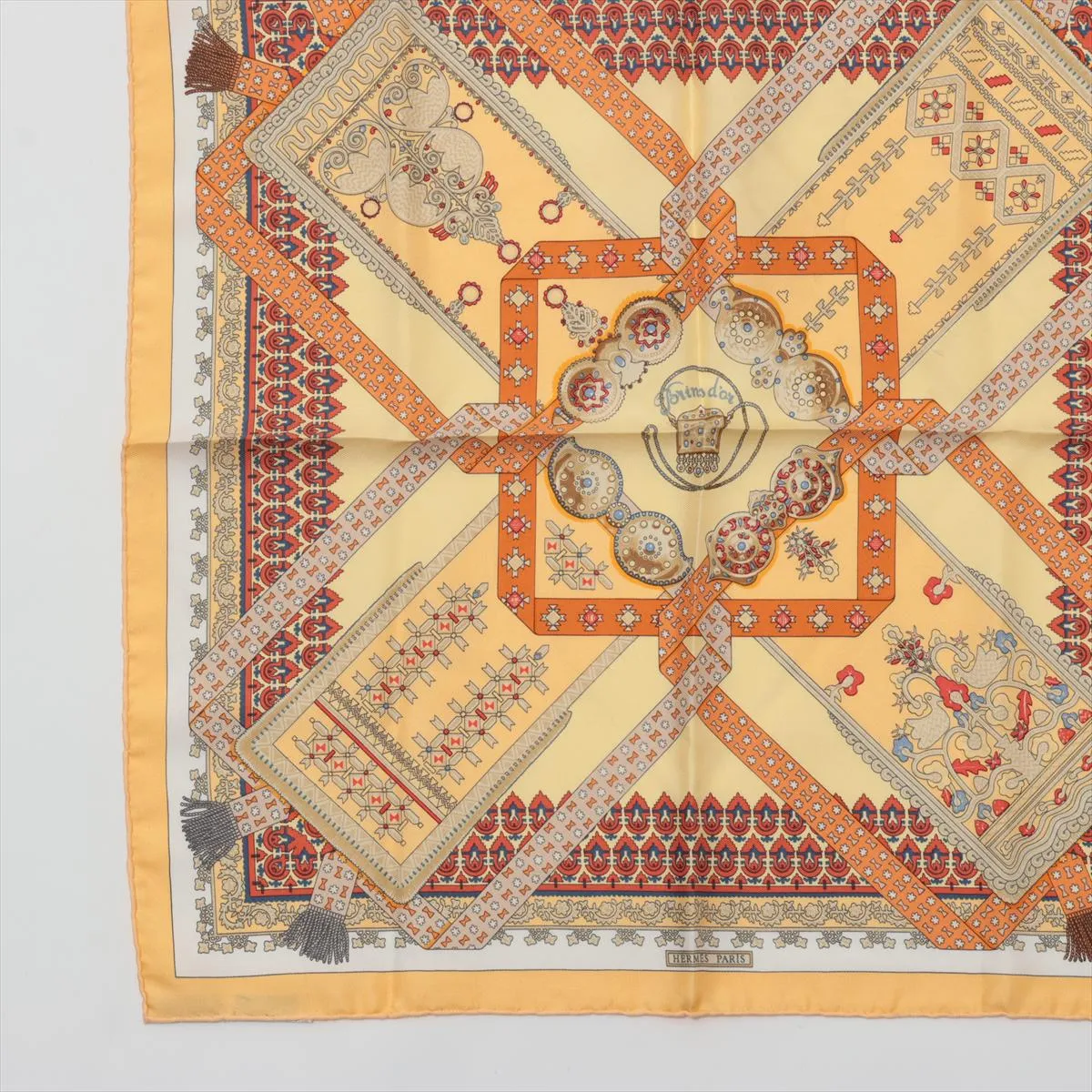 Carre 45 Brins d’or (Golden Twigs) scarf, silk, yellow. Shows wear, — view 5