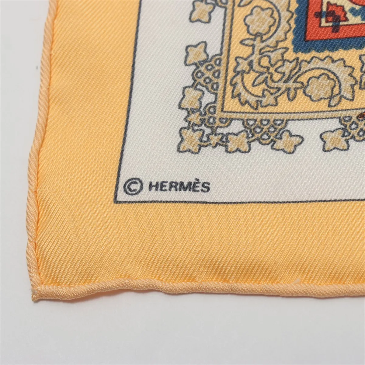 Carre 45 Brins d’or (Golden Twigs) scarf, silk, yellow. Shows wear, — view 6