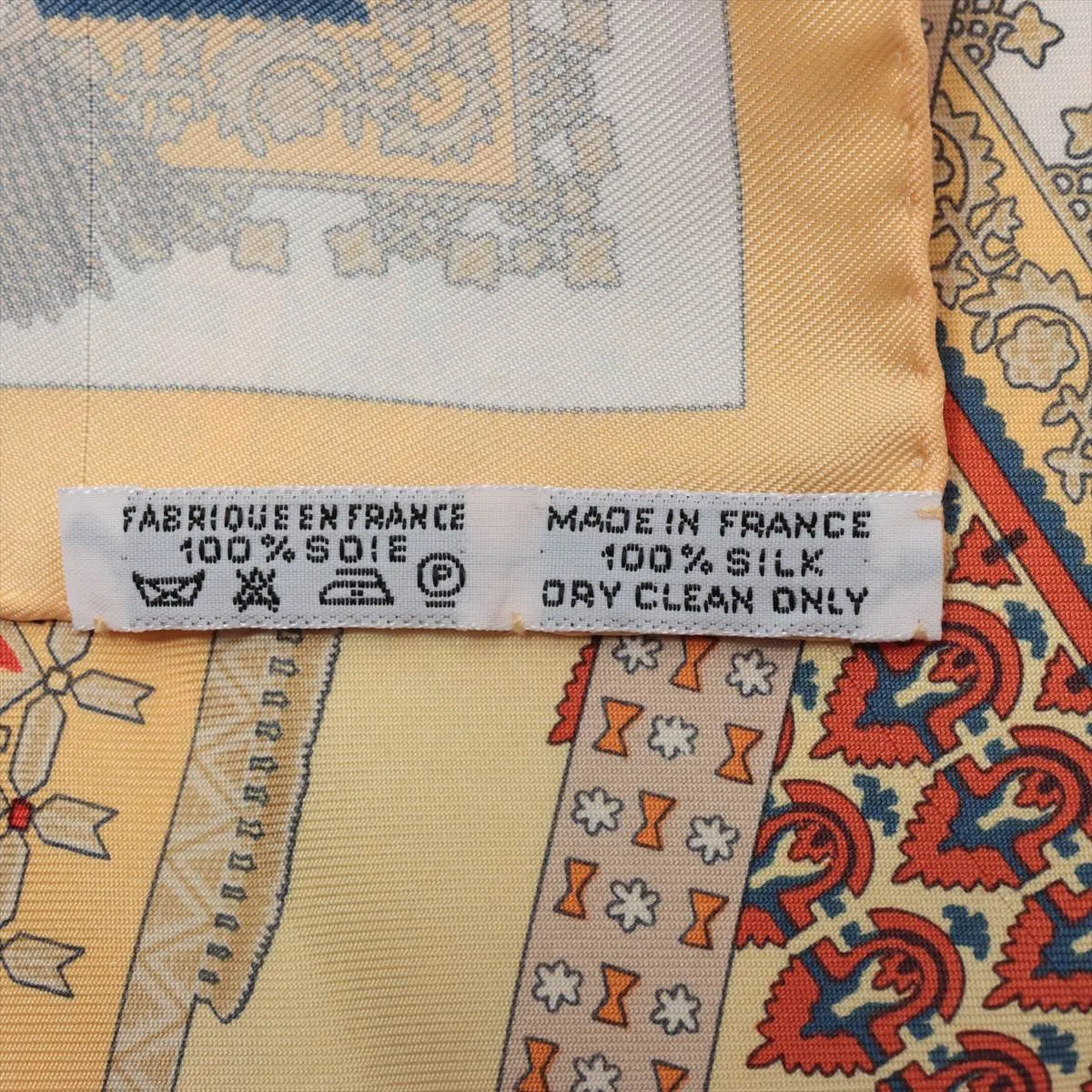 Carre 45 Brins d’or (Golden Twigs) scarf, silk, yellow. Shows wear, — view 7