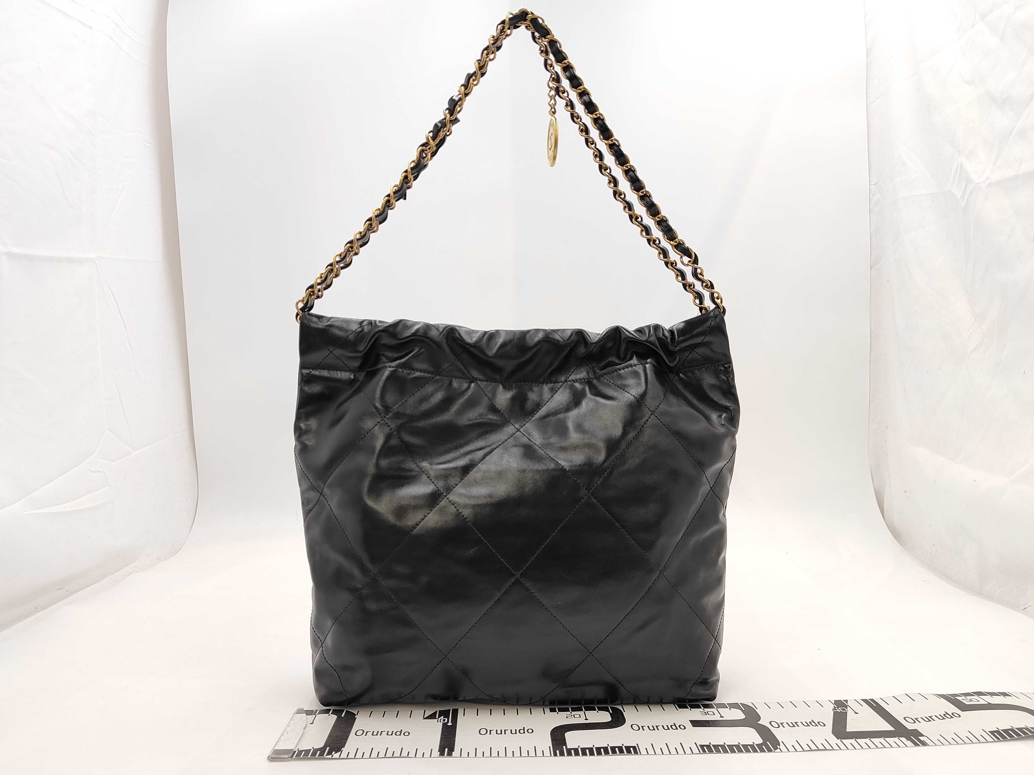 22 Shiny Calfskin Chain Shoulder Bag with Gold Hardware and Pouch, Black, with Serial Number Plate — view 2