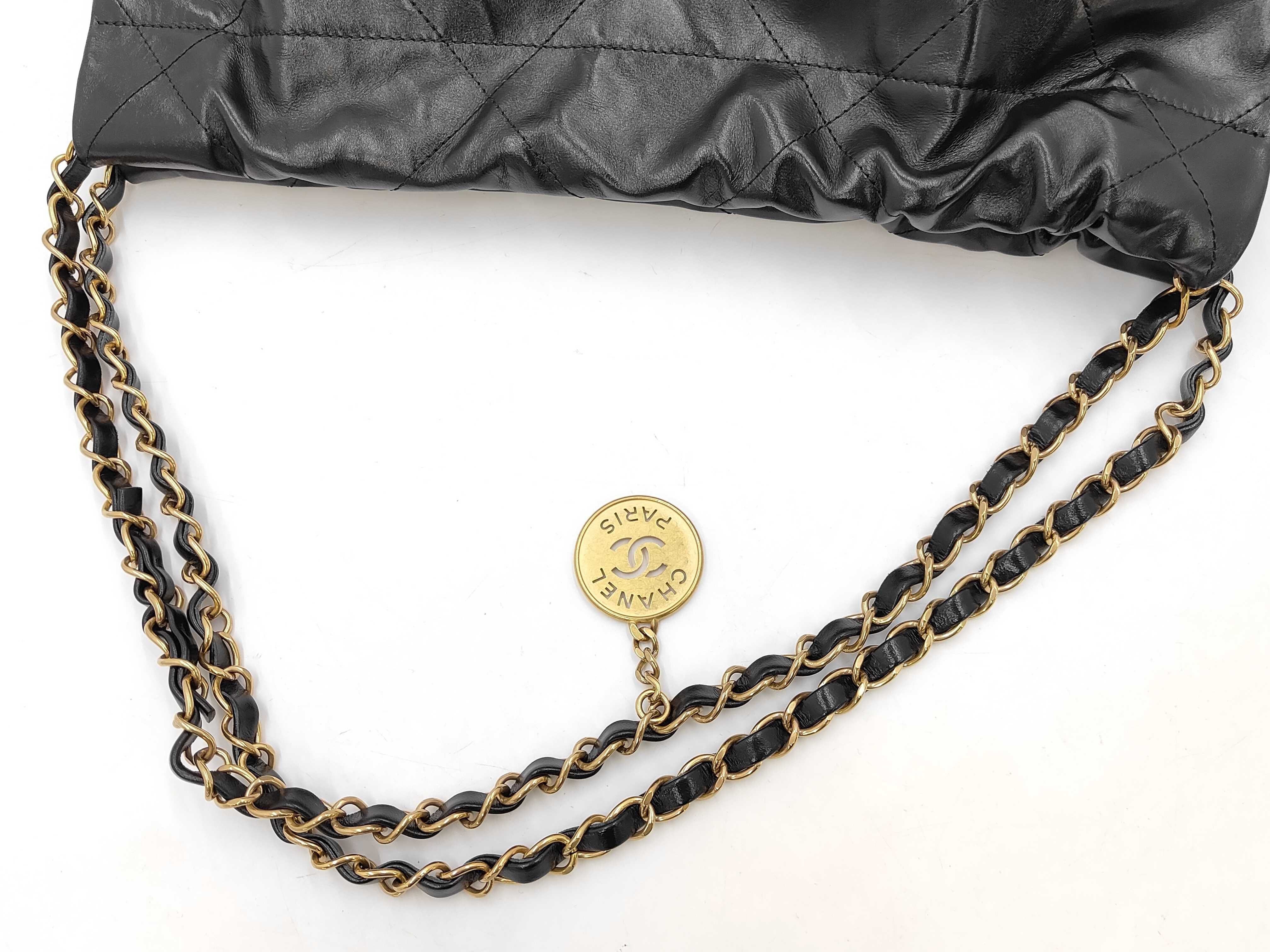 22 Shiny Calfskin Chain Shoulder Bag with Gold Hardware and Pouch, Black, with Serial Number Plate — view 5