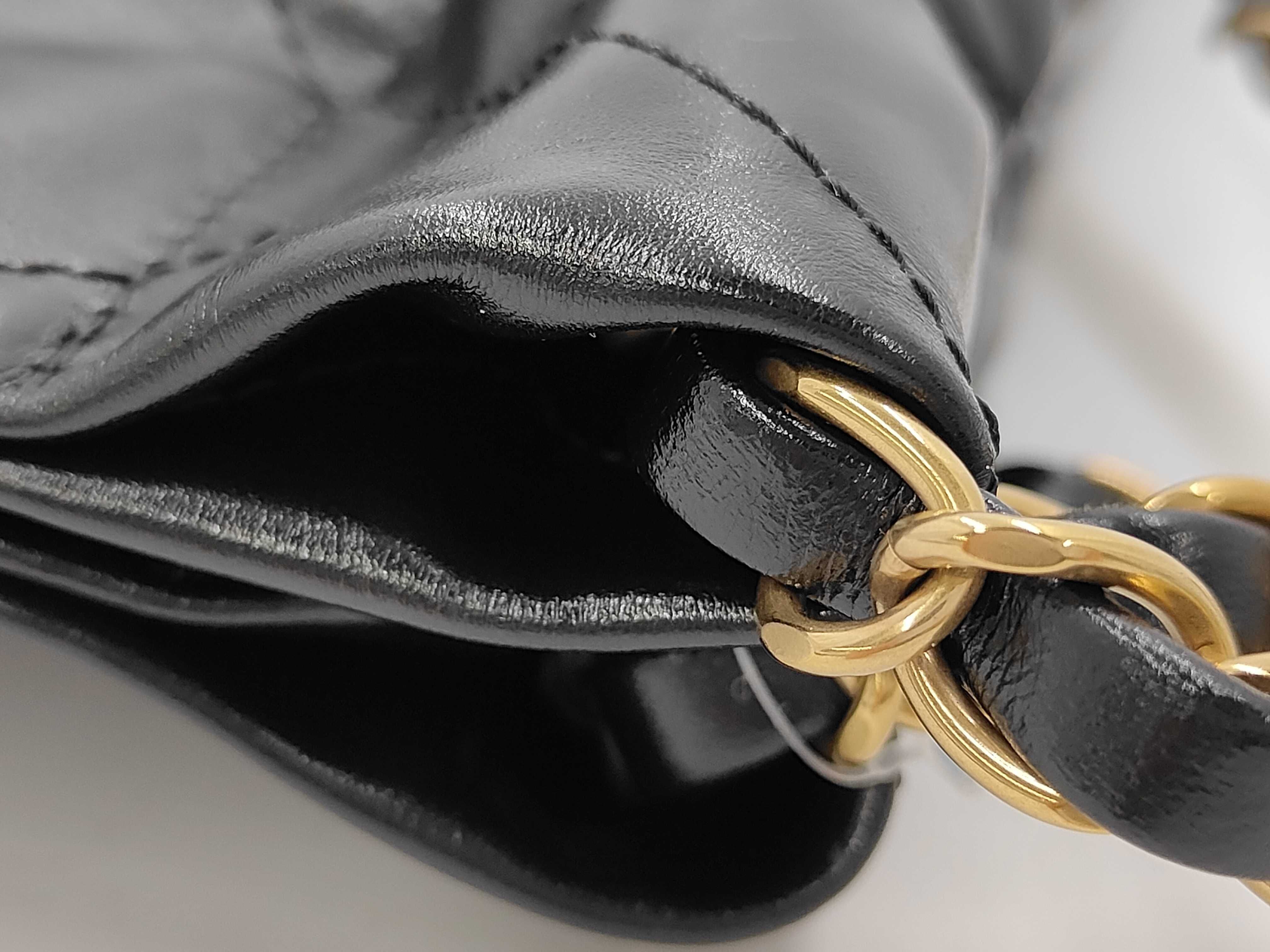 22 Shiny Calfskin Chain Shoulder Bag with Gold Hardware and Pouch, Black, with Serial Number Plate — view 8