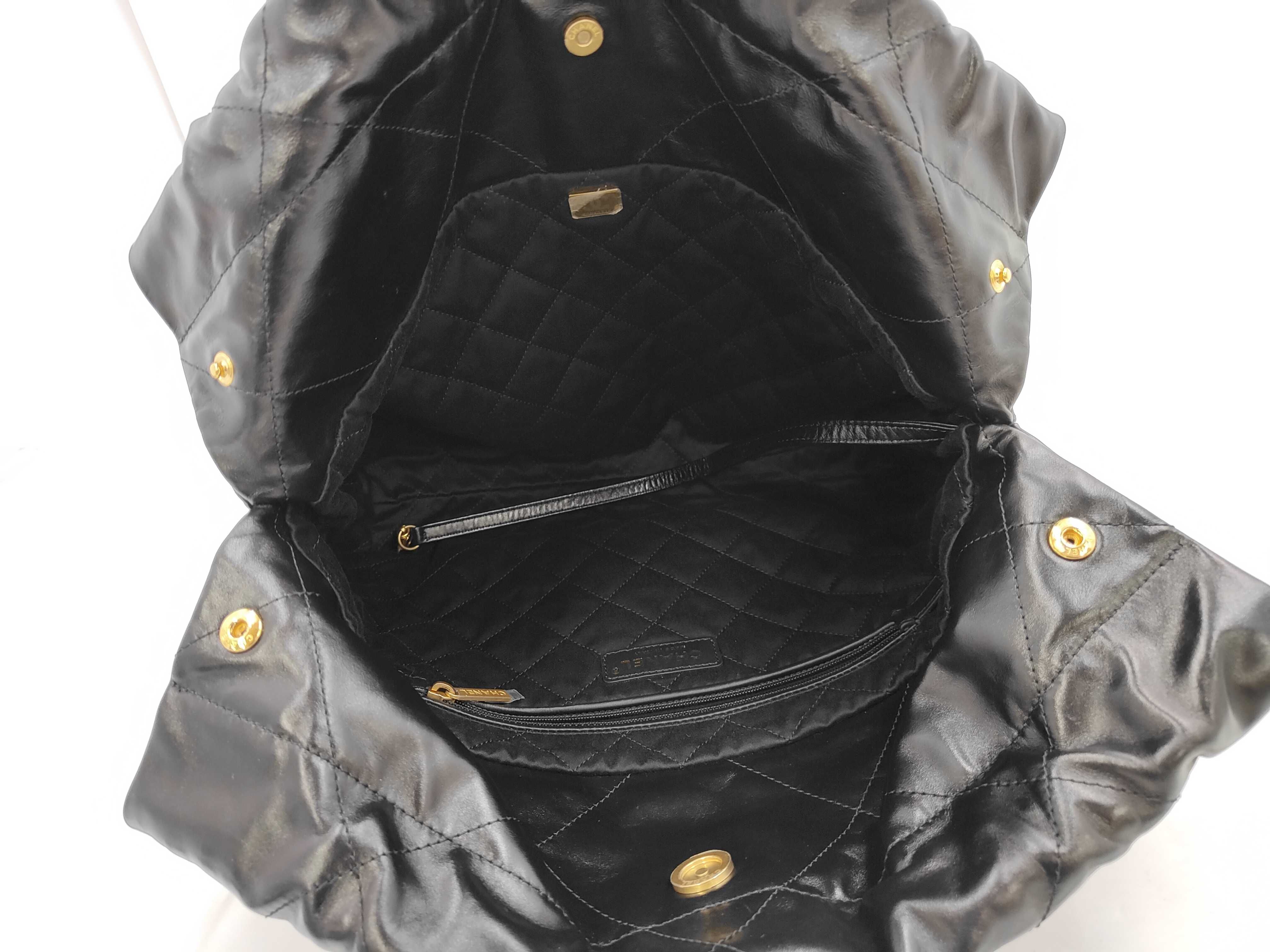 22 Shiny Calfskin Chain Shoulder Bag with Gold Hardware and Pouch, Black, with Serial Number Plate — view 9