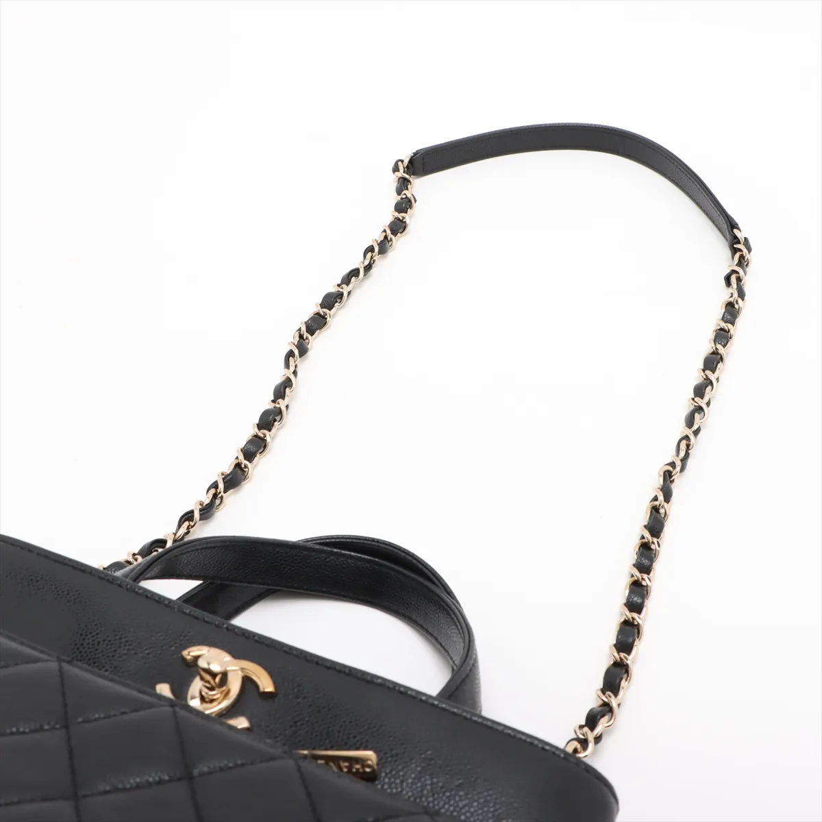 Matelassé Caviar Skin 2-Way Shoulder Bag, Black with Gold Hardware, U4KKHEGL, Random Plate — view 7