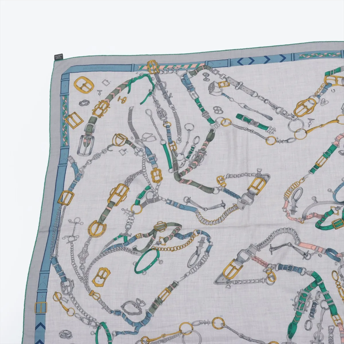 Carre Geant LES CHEVAUX DE CHAINES scarf, cashmere x silk, gray. Shows signs of wear, — view 2