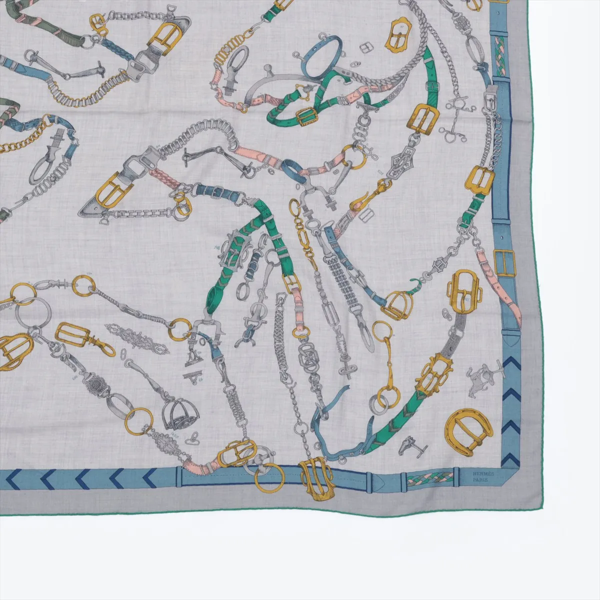 Carre Geant LES CHEVAUX DE CHAINES scarf, cashmere x silk, gray. Shows signs of wear, — view 4