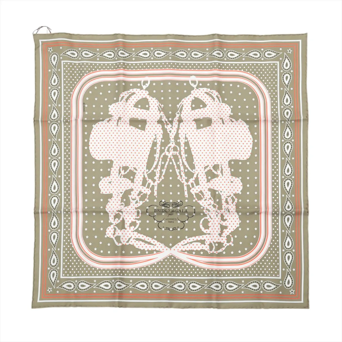 Carre 55 Brides de Gala Bandana Scarf, Silk, Khaki, with slight thread pulls and paper tag.