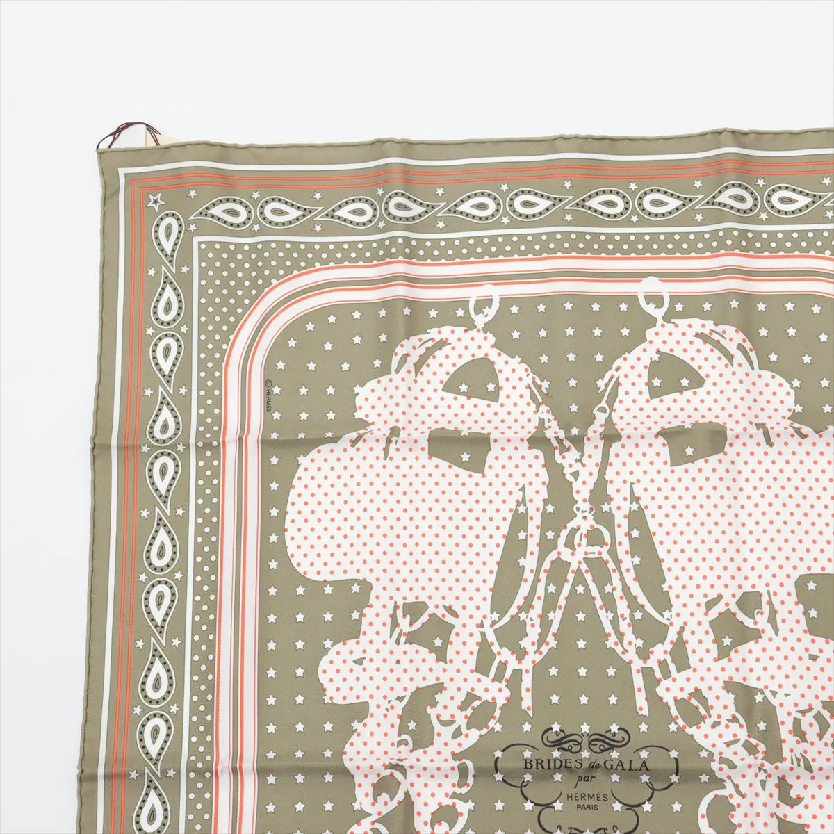 Carre 55 Brides de Gala Bandana Scarf, Silk, Khaki, with slight thread pulls and paper tag. — view 2