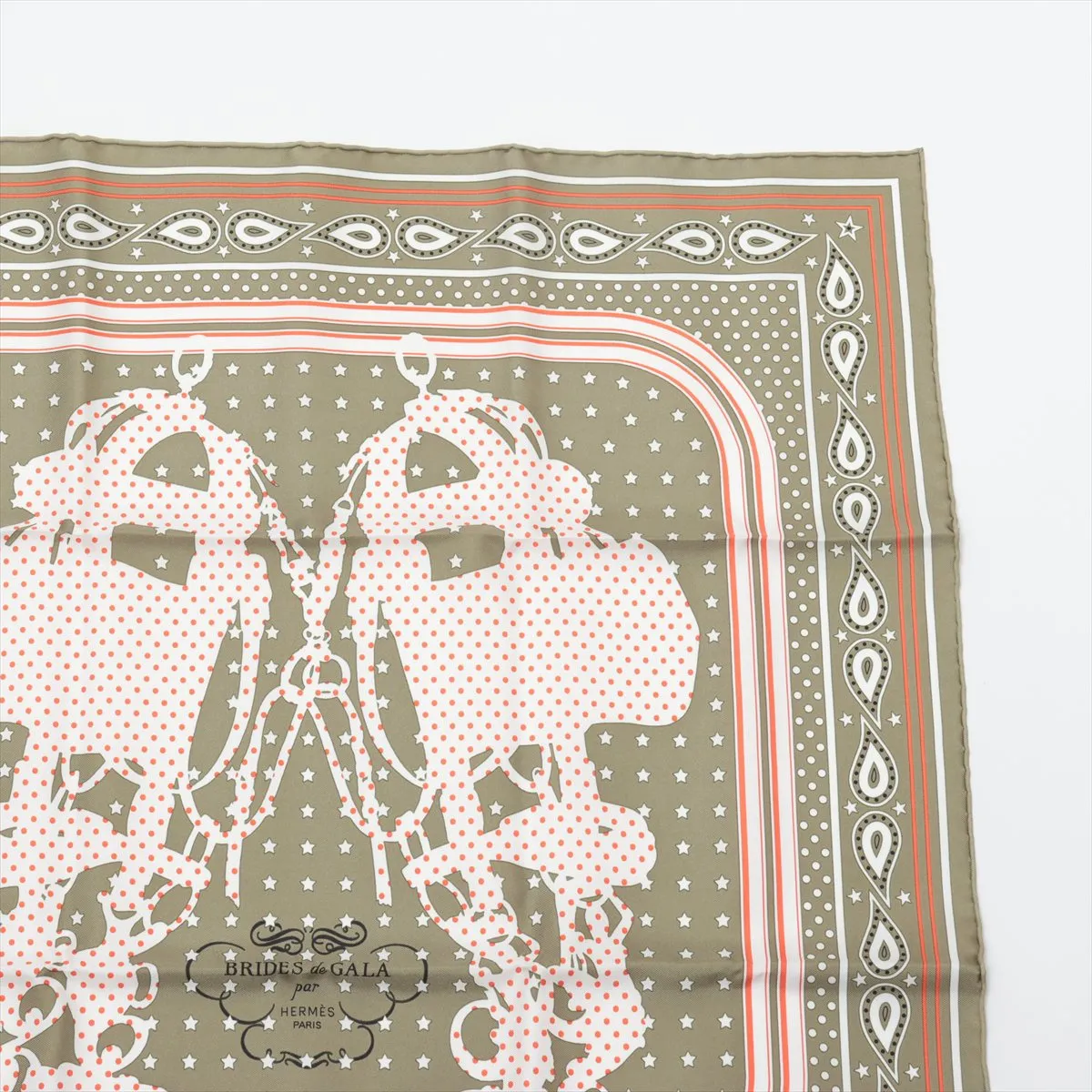 Carre 55 Brides de Gala Bandana Scarf, Silk, Khaki, with slight thread pulls and paper tag. — view 3