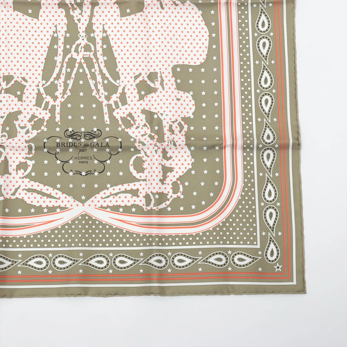 Carre 55 Brides de Gala Bandana Scarf, Silk, Khaki, with slight thread pulls and paper tag. — view 4