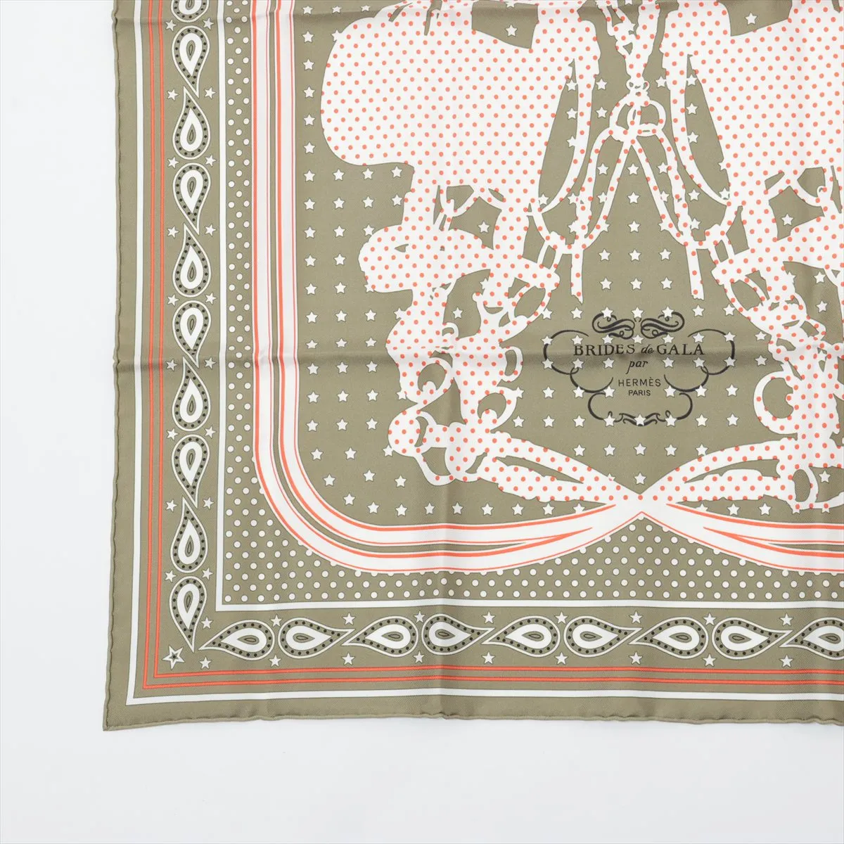 Carre 55 Brides de Gala Bandana Scarf, Silk, Khaki, with slight thread pulls and paper tag. — view 5