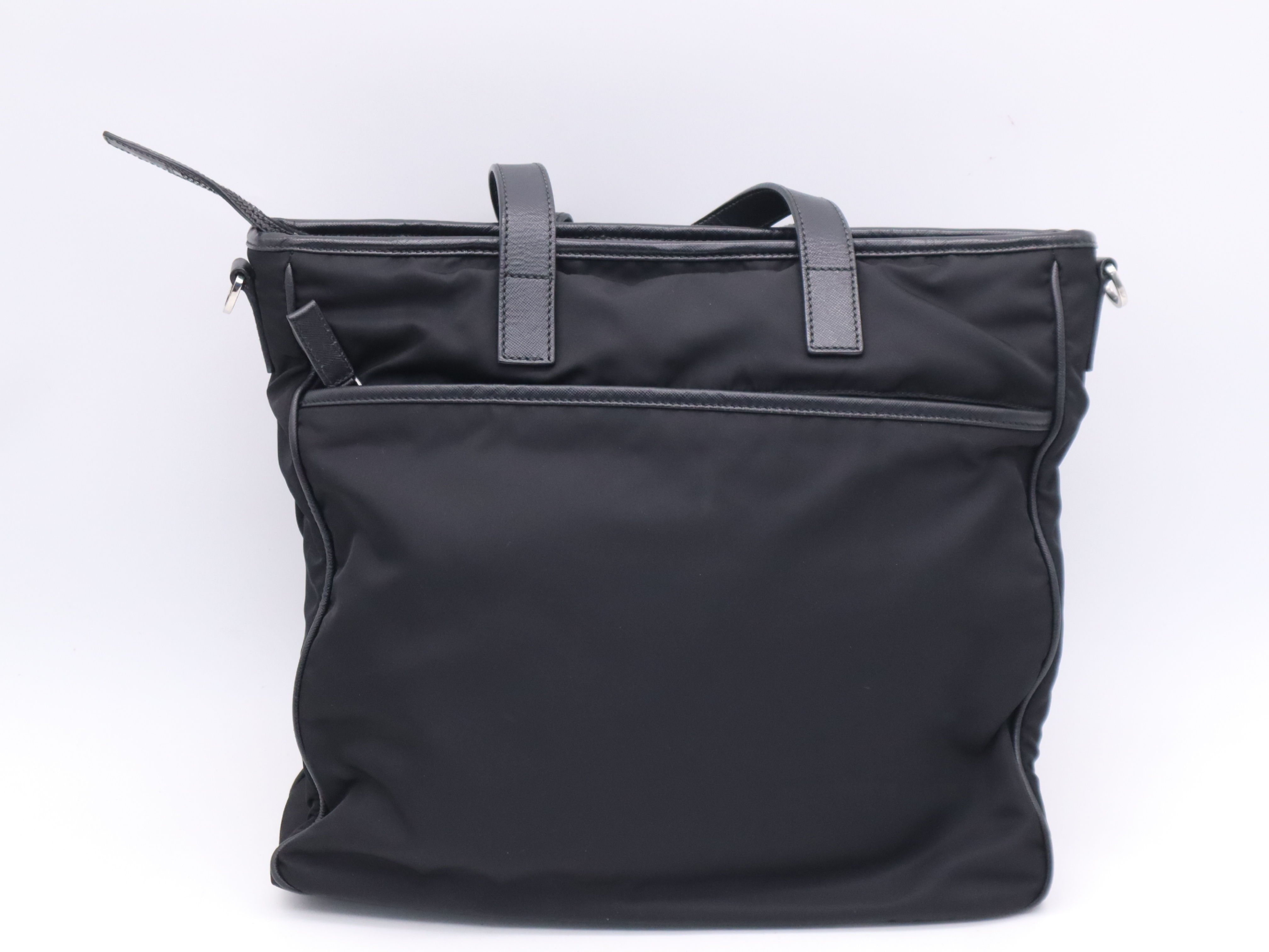 VA0860 Nylon x Leather Triangle Logo Black Silver Hardware Tote Bag with Shoulder Strap and Card Holder — view 2